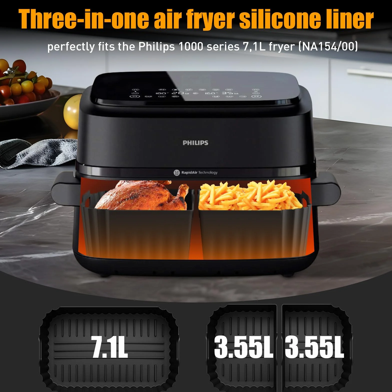 Silikonowa forma Air Fryer, akcesoria Air Fryer do Philips Airfryer 7,1L NA154/00, 3 formy silikonowe akcesoria 1 × 7,1 l/2 × 3,55 l, podwójna strefa Philips Air Fryer akcesoria wielokrotnego użytku