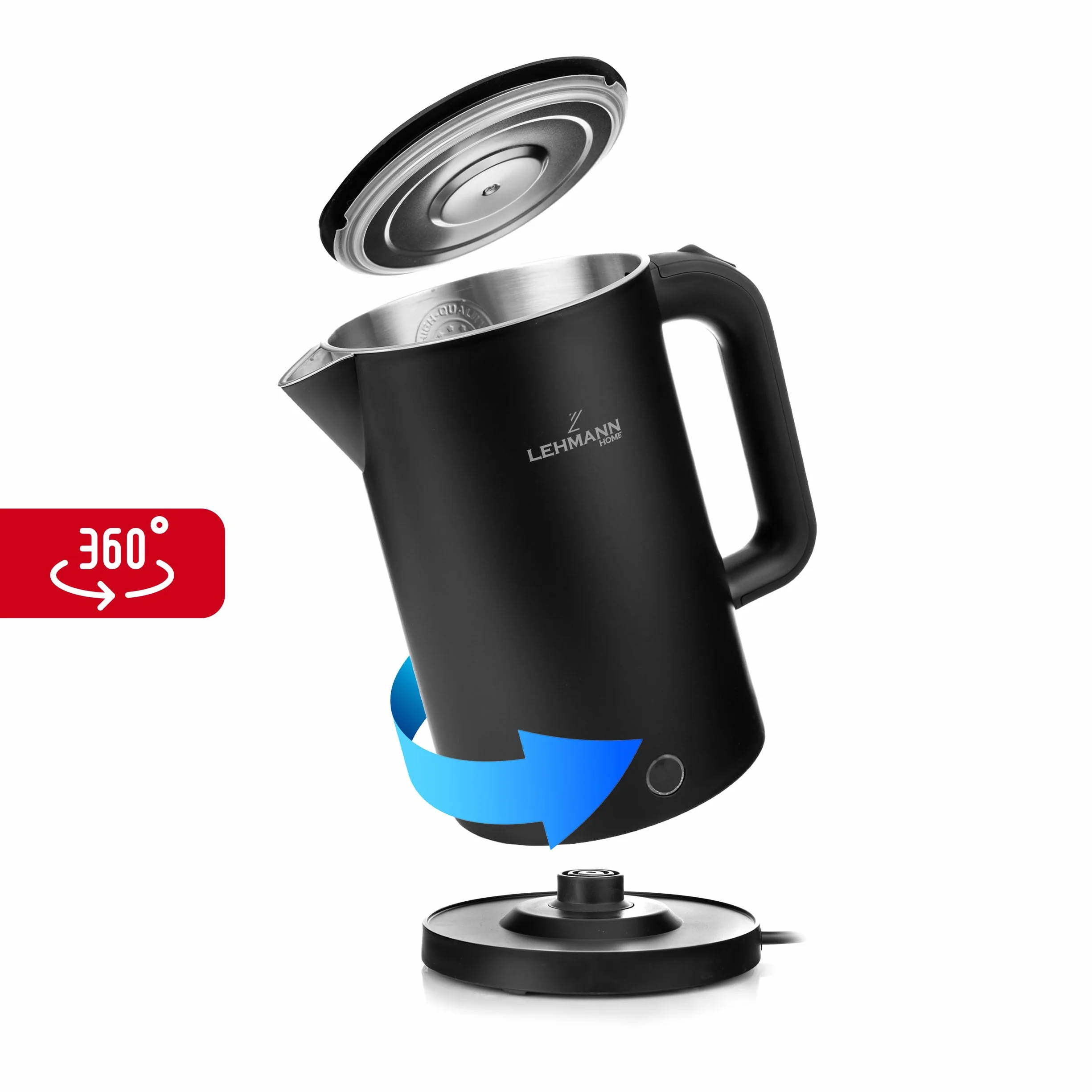 LEHMANN Czajnik elektryczny, 1,7 l, 2200 W, szybkie ogrzewanie, podwójna ścianka, stal nierdzewna, obrotowa podstawa o 360°, automatyczne wyłączanie, bez zawartości BPA-do herbaty, kawy, jedzenia dla