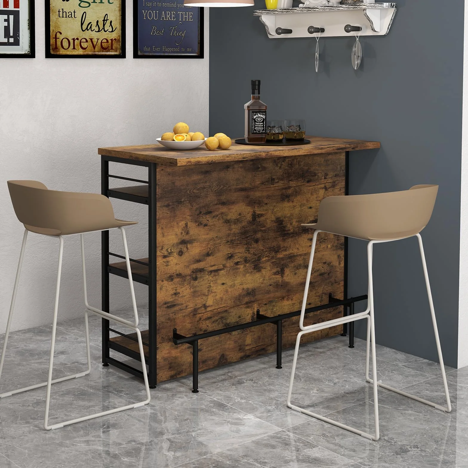 COSTWAY Domowy Bar, Regał Kuchenny z 4 Otwartymi Półkami, Stojak na Wino i Uchwyt na Kieliszki, 120 x 60 x 101 cm Rustykalny
