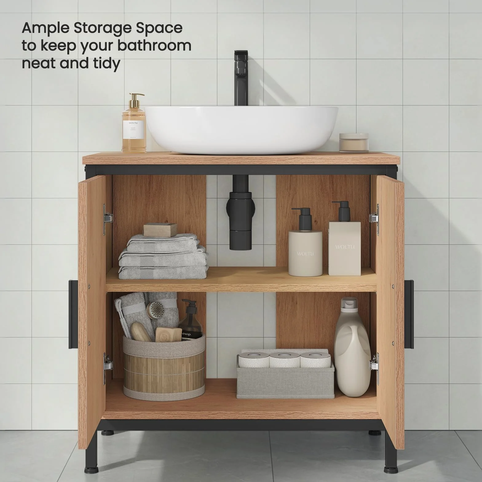 EUGAD Szafka pod umywalkę 60 x 60 x 30 cm, Szafka łazienkowa z regulowaną w wysokości przegrodą, Mała szafka łazienkowa wykonana z materiału drewnianego, Czarna