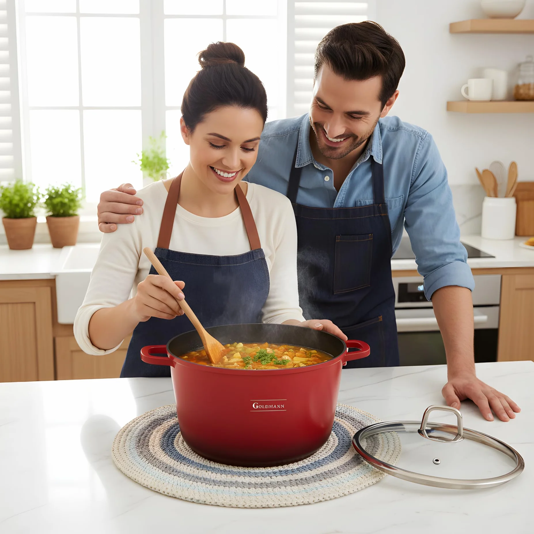 GOLDMANN garnek z odlewanego aluminium 28 cm 10 L, powłoka ceramiczna nieprzywierająca, szklana pokrywka, nadaje się do kuchenek indukcyjnych, można używać w piekarniku, bez PFOA