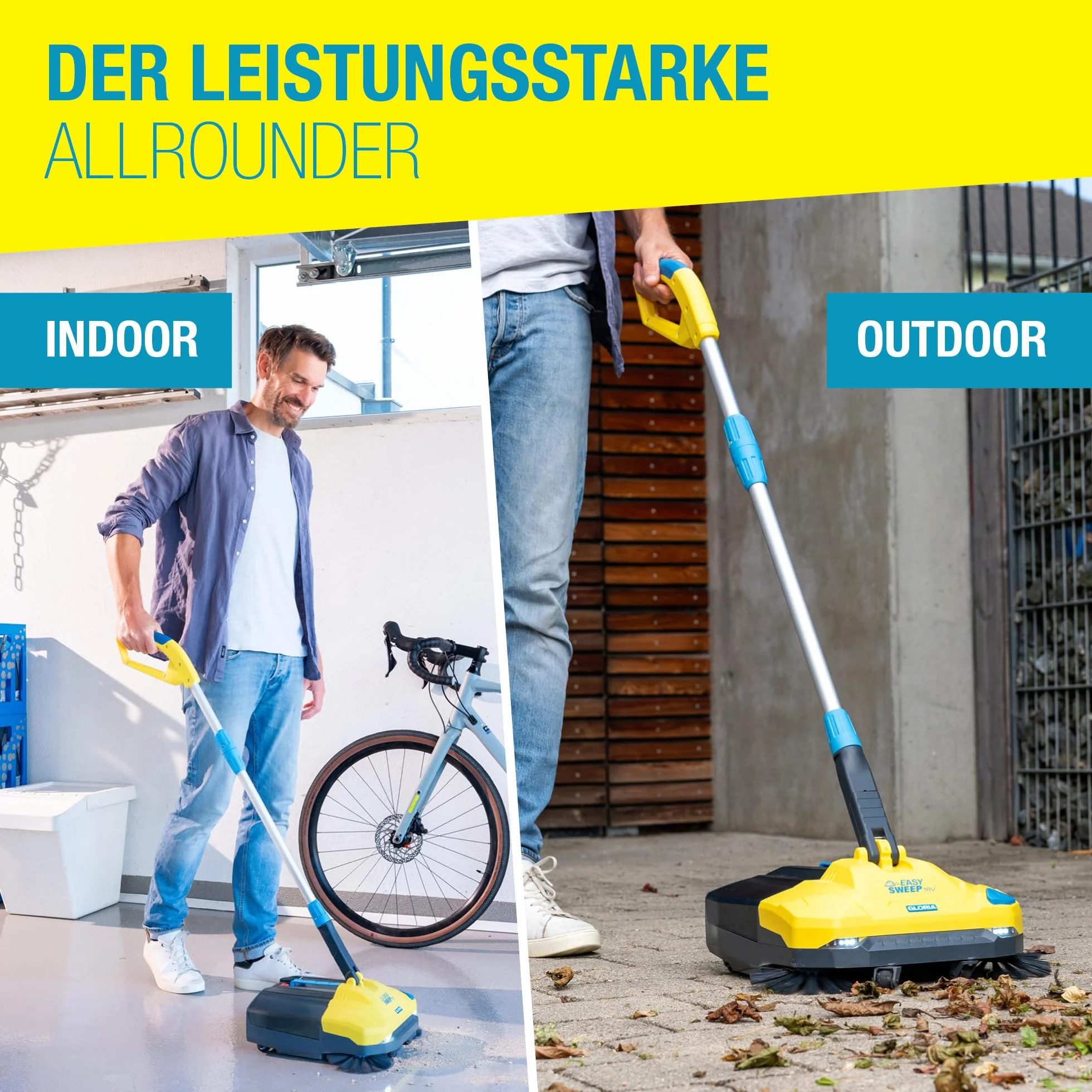 GLORIA Zamiatarka akumulatorowa EasySweep 18 V w zestawie akumulator Bosch 18 V | elektryczna szczotka akumulatorowa i miotła do użytku wewnątrz i na zewnątrz | wjazd, chodnik, taras, garaż i liście |