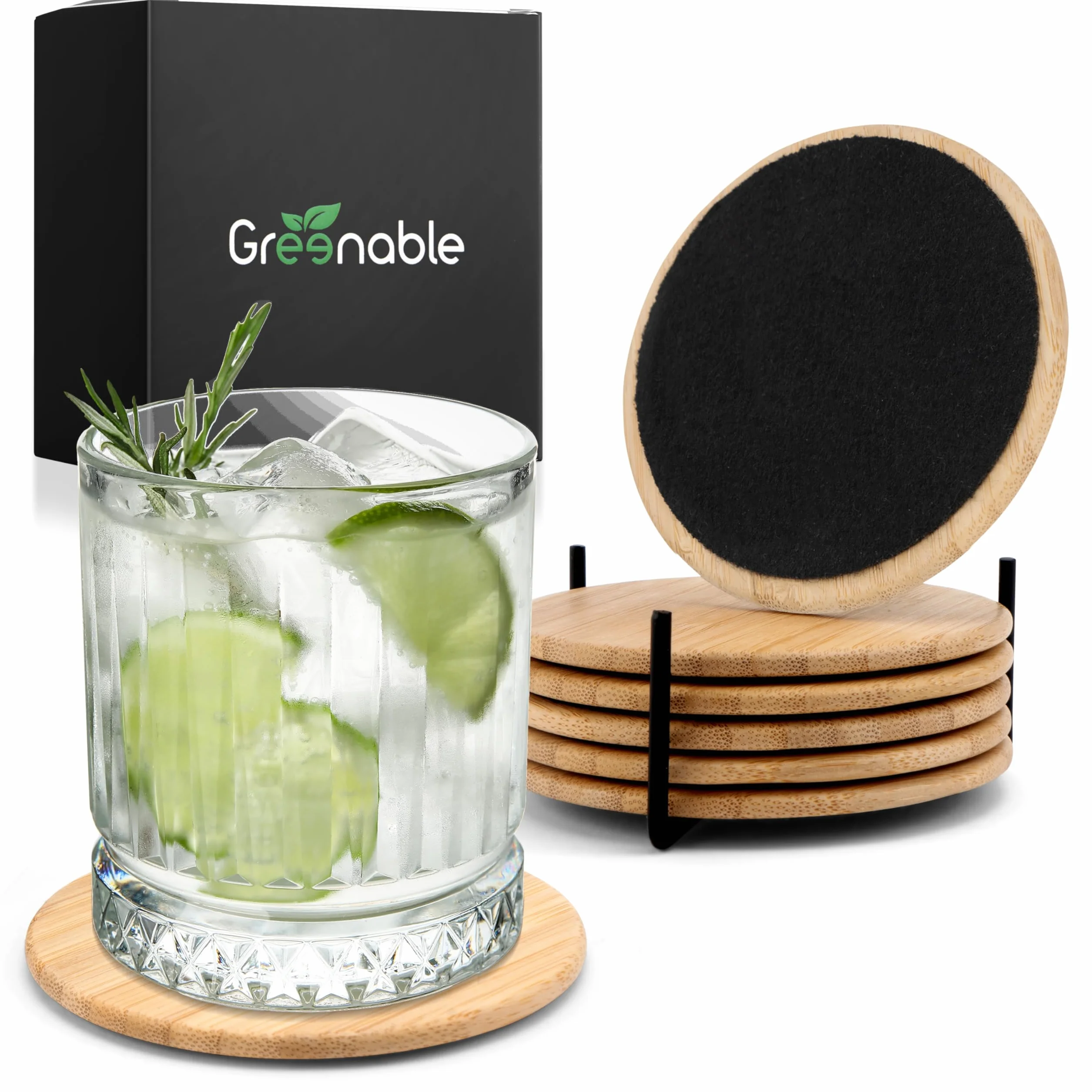 NOWOŚĆ: Greenable ® podkładki z bambusa i filcu [6 szt.] w zestawie z luksusowym uchwytem – designerskie podkładki pod szklanki w kolorze czarnym – dwustronne i z efektem antyhaftowym – podkładki pod