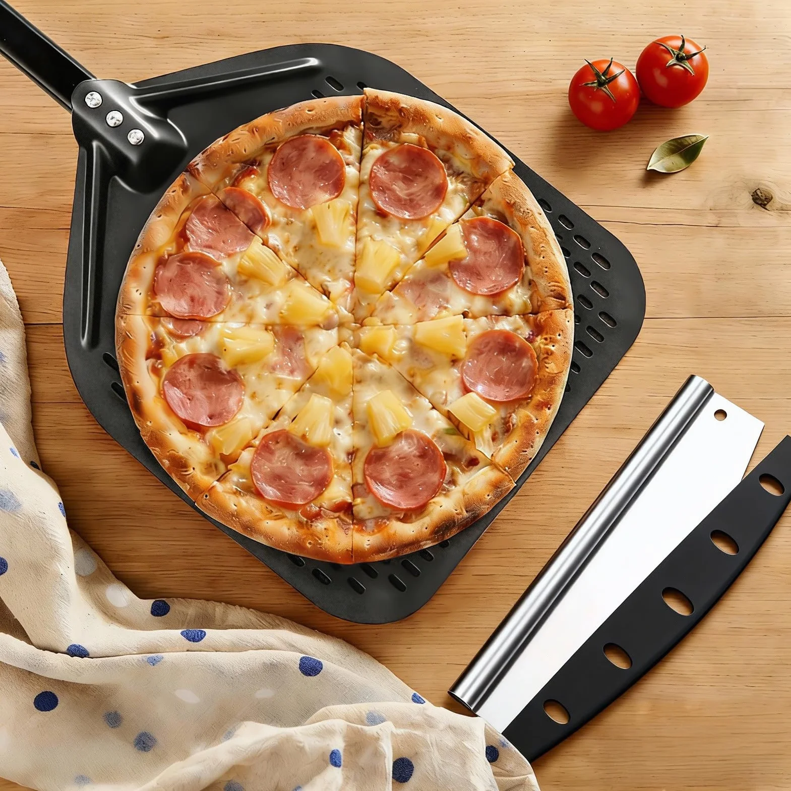 Łopatka do pizzy premium – długa łopatka do pizzy – perforowana łopatka do pizzy z twardego anodowanego aluminium – ułatwia przesuwanie ciasta na pizzę – akcesoria do grilla prezent