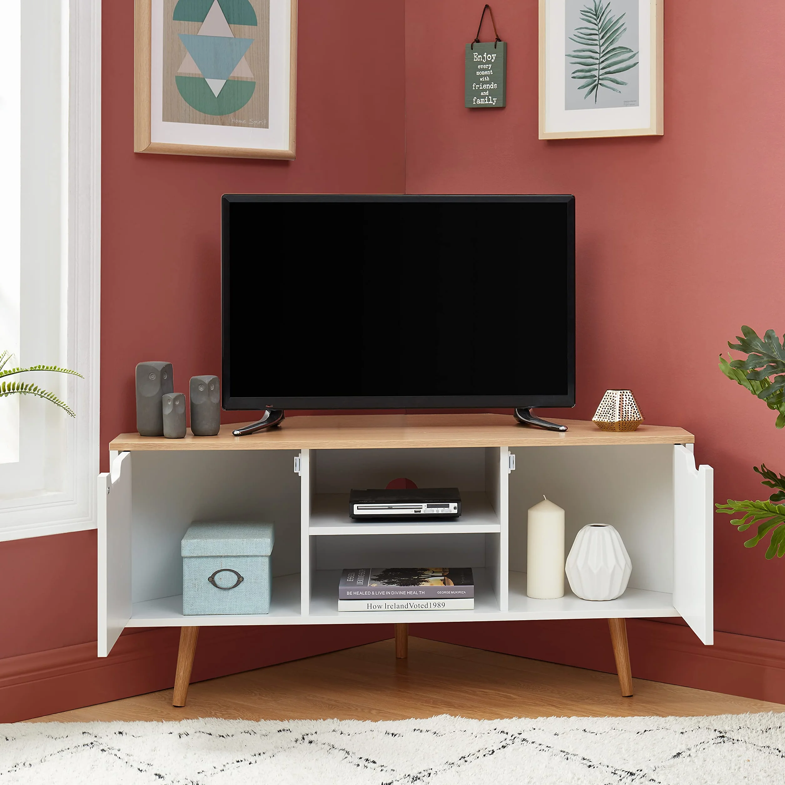 BAÏTA Narożna szafka pod telewizor - dekoracja biała i dębowa - styl industrialny - szer. 115 x gł. 55 x wys. 53,5cm - LYNA