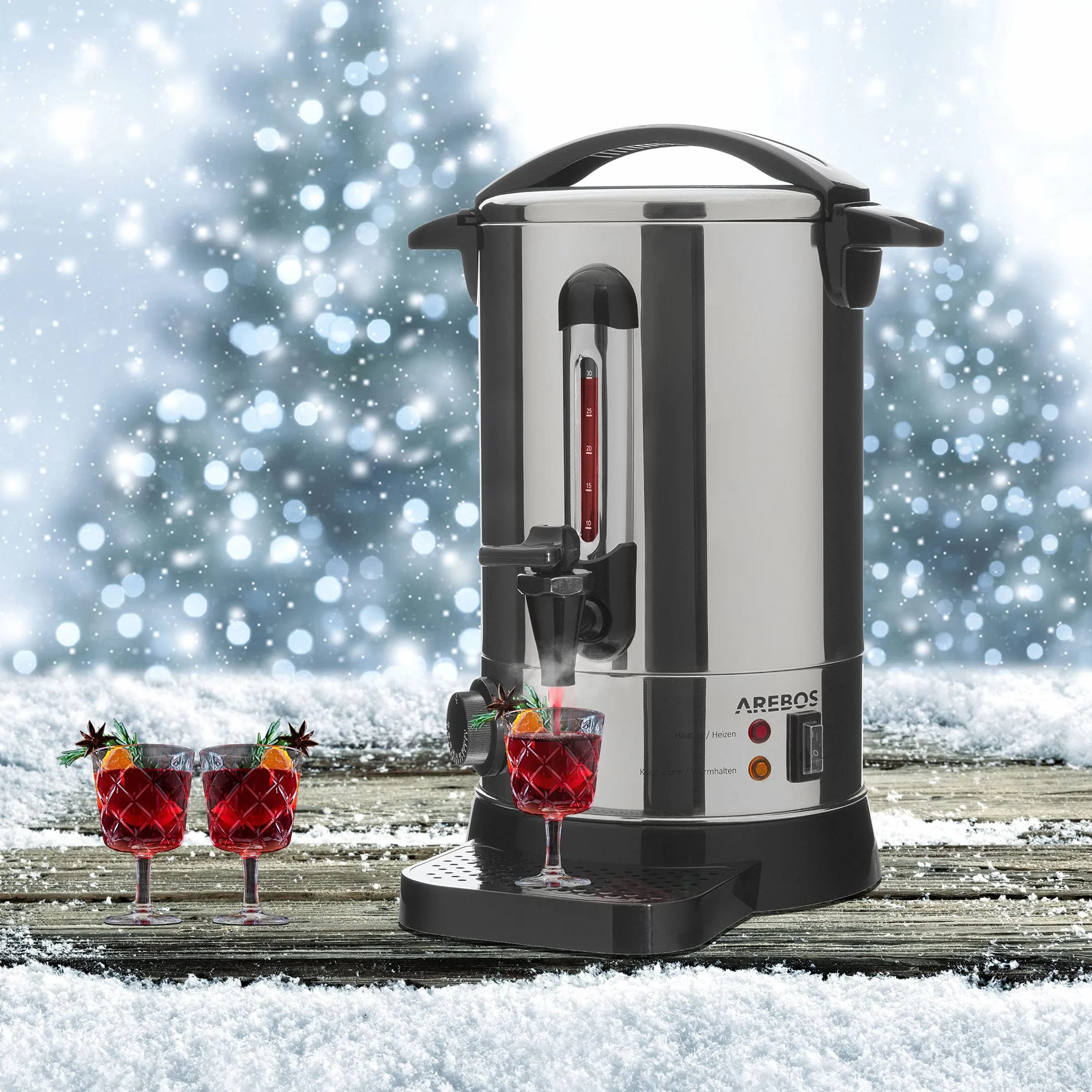 Arebos Dozownik gorących napojów 950W Bojler 6,8L 30 filiżanek Czajnik do gorącego wina ze stali nierdzewnej Podgrzewacz do kawy herbaty Termostat Regulacja temperatury 30-110°C