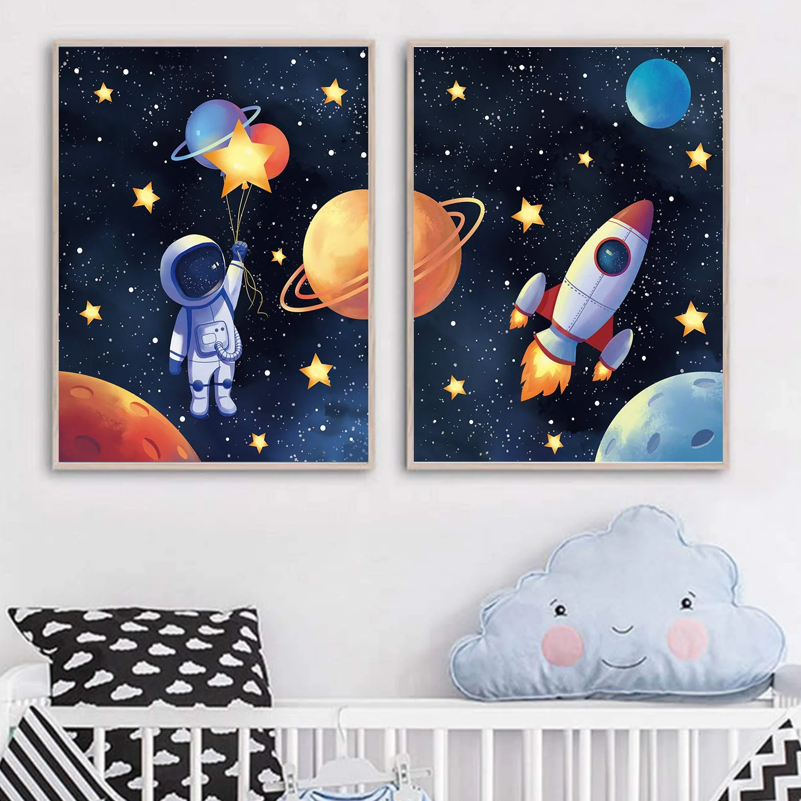 MWOOT Kosmiczny astronauta, płócienny plakat do sypialni chłopców, dekoracja ścienna, 3 szt. pokój zabaw dla dzieci, druk na ścianę (30 x 40 cm), układ słoneczny, rakieta, plakat ścienny, duży
