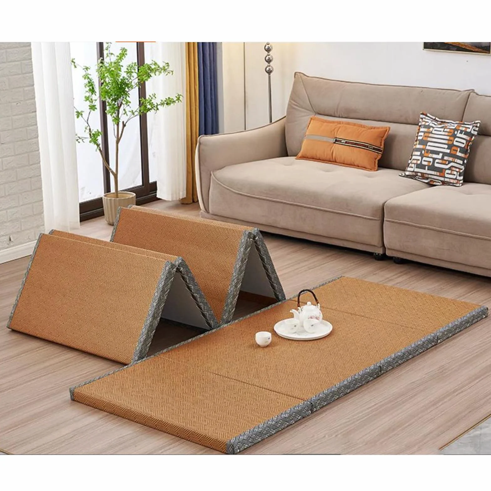 Japońska mata tatami składana 80 x 200 cm brązowa rush do jogi i medytacji