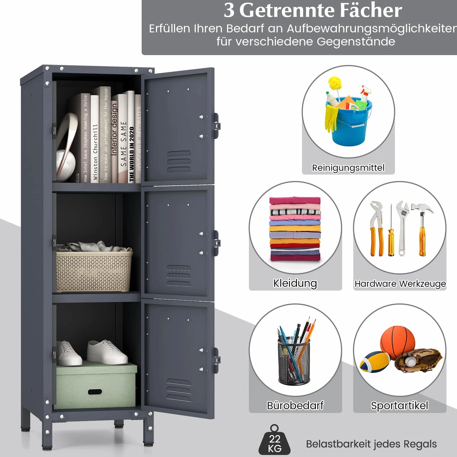 COSTWAY Metalowa szafka na dokumenty 30 x 35 x 100 cm, metalowa szafka z 3 zamykanymi drzwiami, regulowane nóżki, ochrona przed przewróceniem, szafka biurowa vintage, szafka do przechowywania do biura