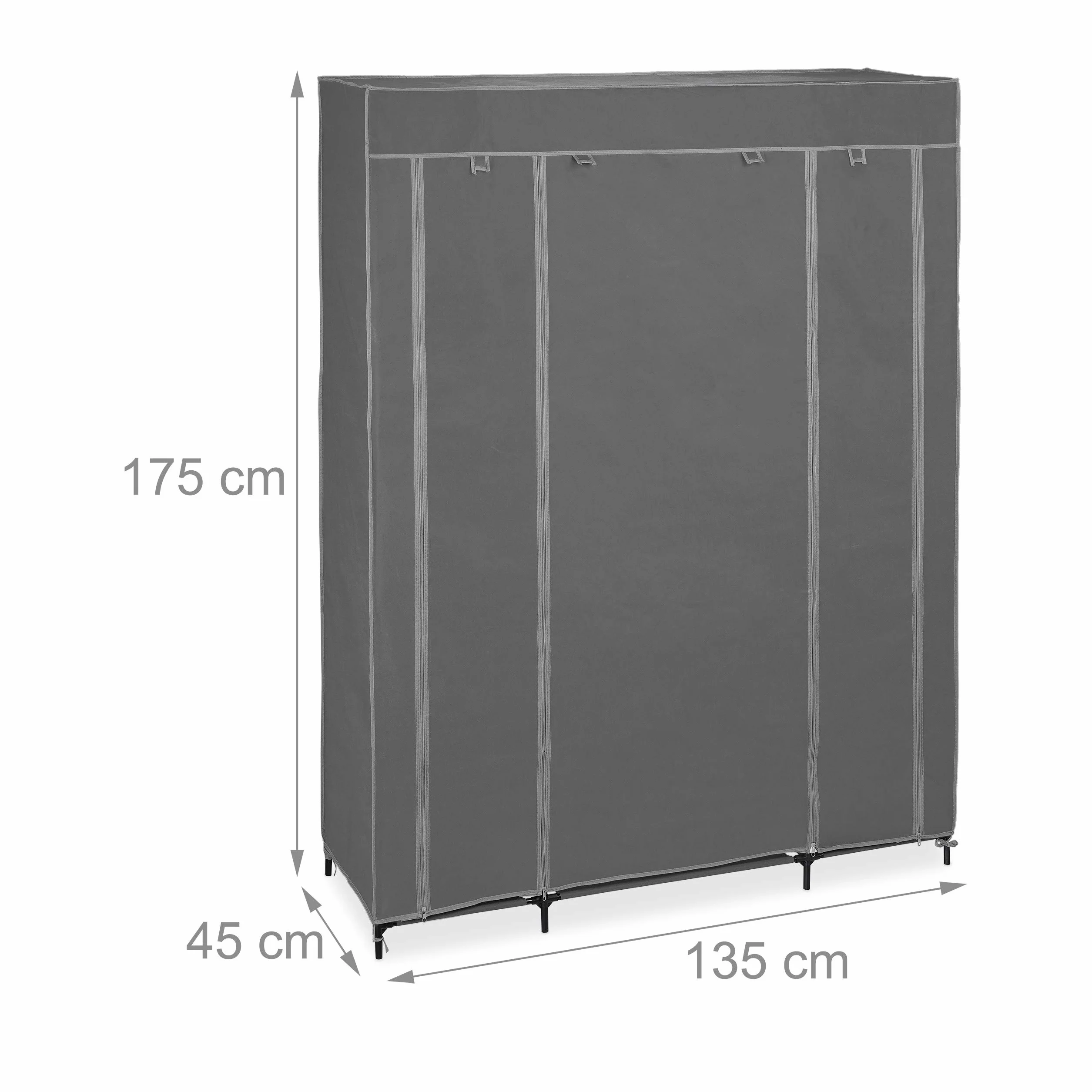 Relaxdays Szafa materiałowa z drążkiem na ubrania i 12 półkami, (wys. x szer. x gł.): 175 x 135 x 45 cm, szafa na ubrania z zamkiem błyskawicznym, antracytowa