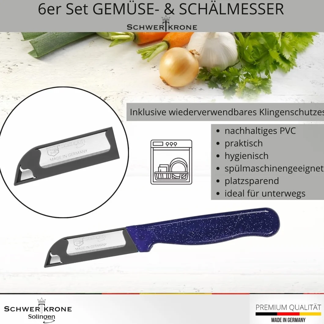 Schwertkrone® Zestaw 6 noży szybkich [WYROBIONEO W SOLINGEN - NIEMCY] - nóż do warzyw, nóż do owoców - długi, ostry, ząbkowany nóż kuchenny - nóż do krojenia ziemniaków - nóż uniwersalny (6x ostrze 9