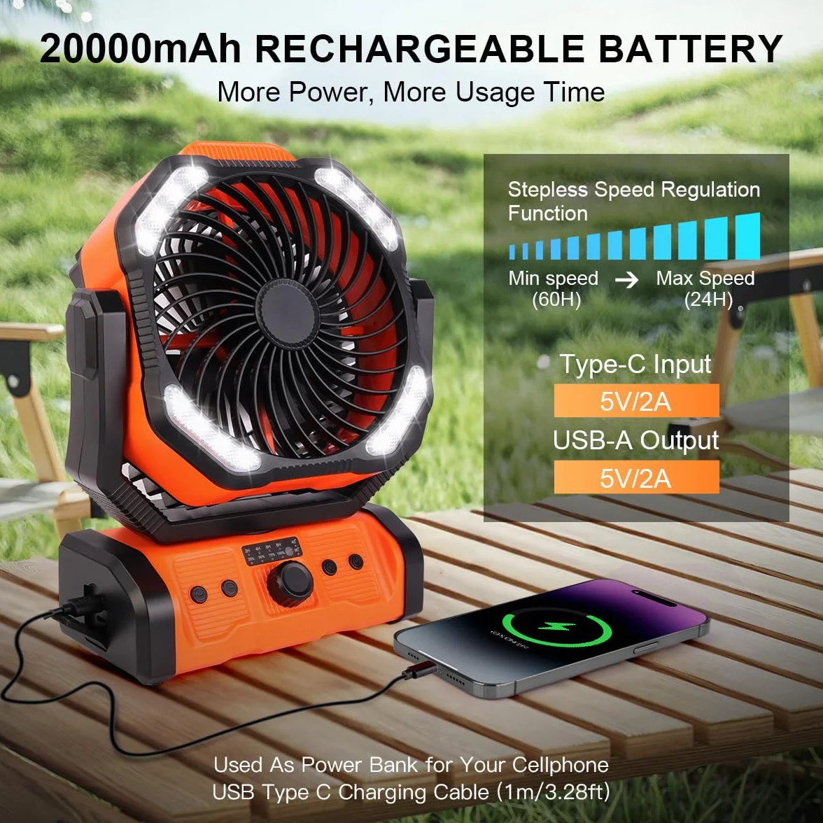 ELZO Wentylator kempingowy ze światłem LED, wentylator stołowy 20000 mAh z pilotem i hakiem, przenośny wentylator z możliwością ładowania o 270°, wentylator USB do domu na zewnątrz, na kemping