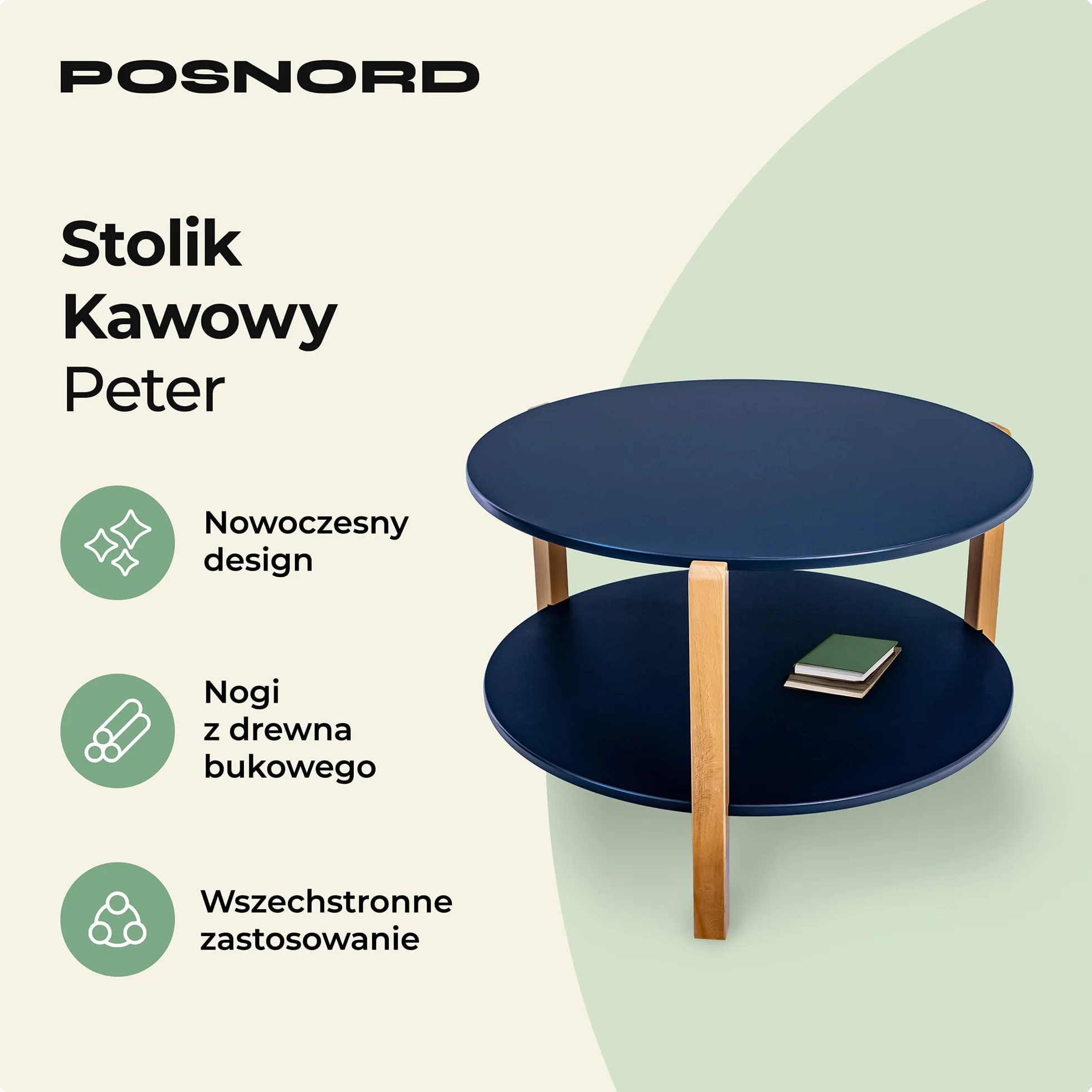 Okrągły Stolik Kawowy Niebieski, Blaty MDF, Na Bukowych Nogach, Ponadczasowy Design Do Salonu