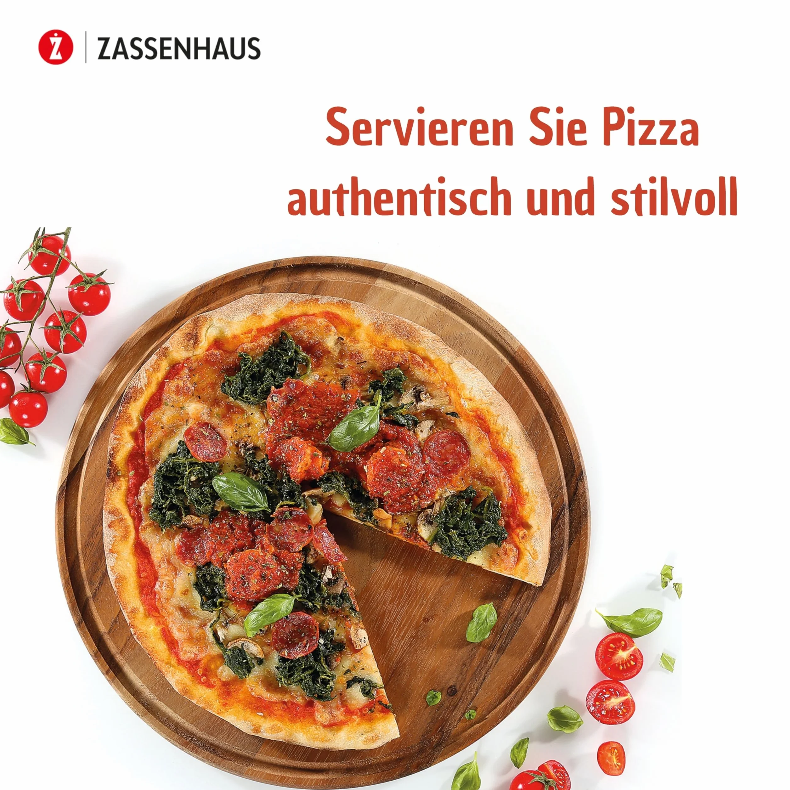 Zassenhaus Talerz do pizzy o średnicy 33 cm, łopatka do pizzy z ekologicznie uprawnego drewna akacjowego, okrągła taca drewniana z rowkiem na sok, deska do serwowania pizzy lub tarta, drewniana deska