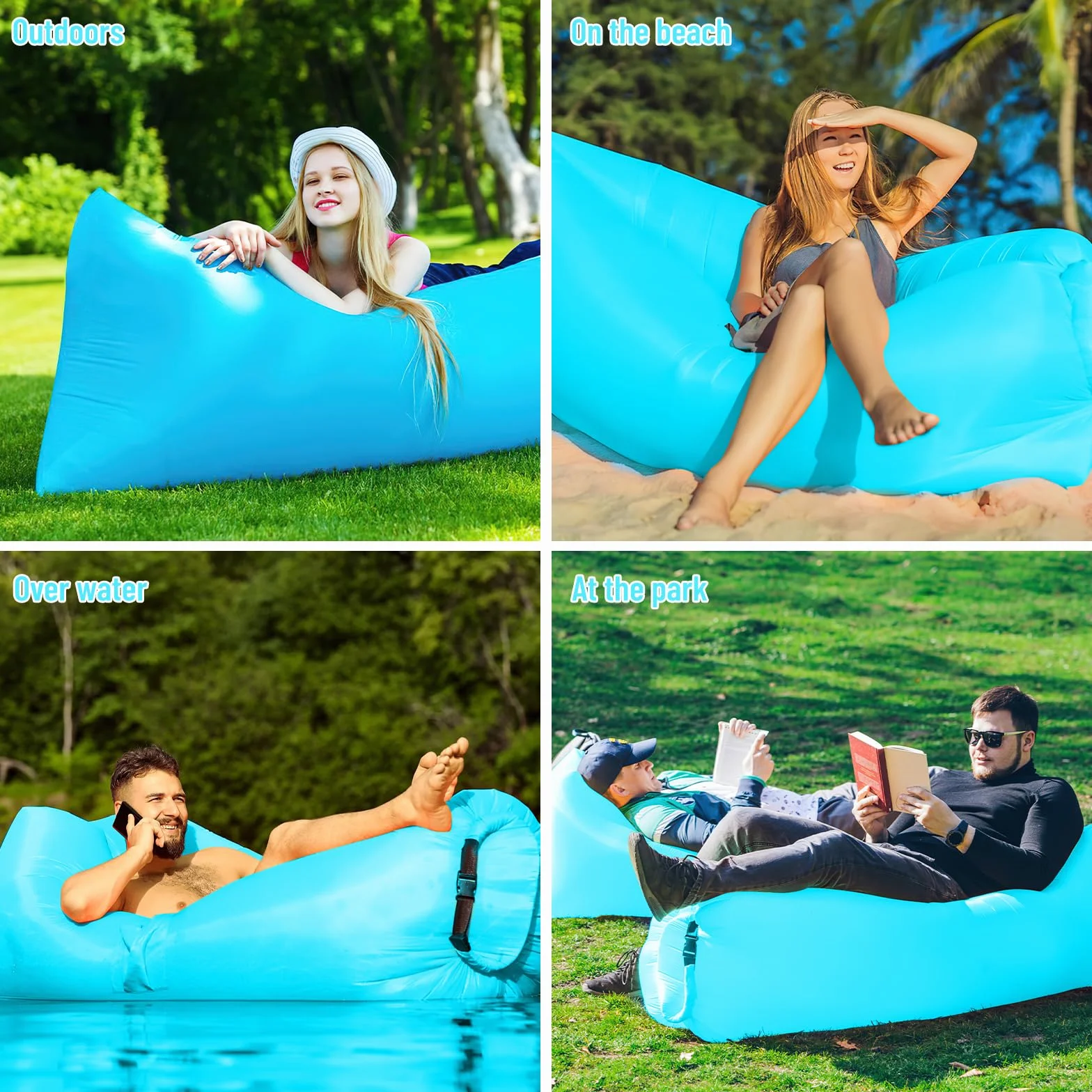 Wodoodporna nadmuchiwana sofa, 200 x 70 cm, sofa powietrzna, leżak powietrzny, na kemping, do parku, na plażę, nad morze, na podwórko, niebieska