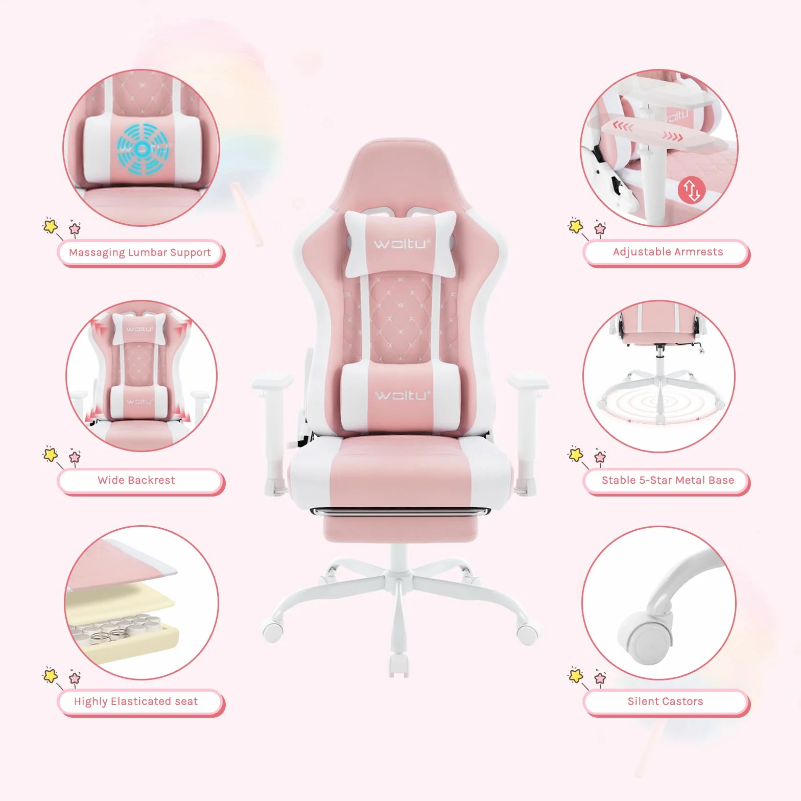 WOLTU Fotel dla Graczy z Masażem, Ergonomiczne Krzesło Biurowe z Zagłówkiem i Podparciem Lędźwiowym, Odchylany, 150 kg, Tkanina Siatkowa, Różowy + Biały, GS14rsw