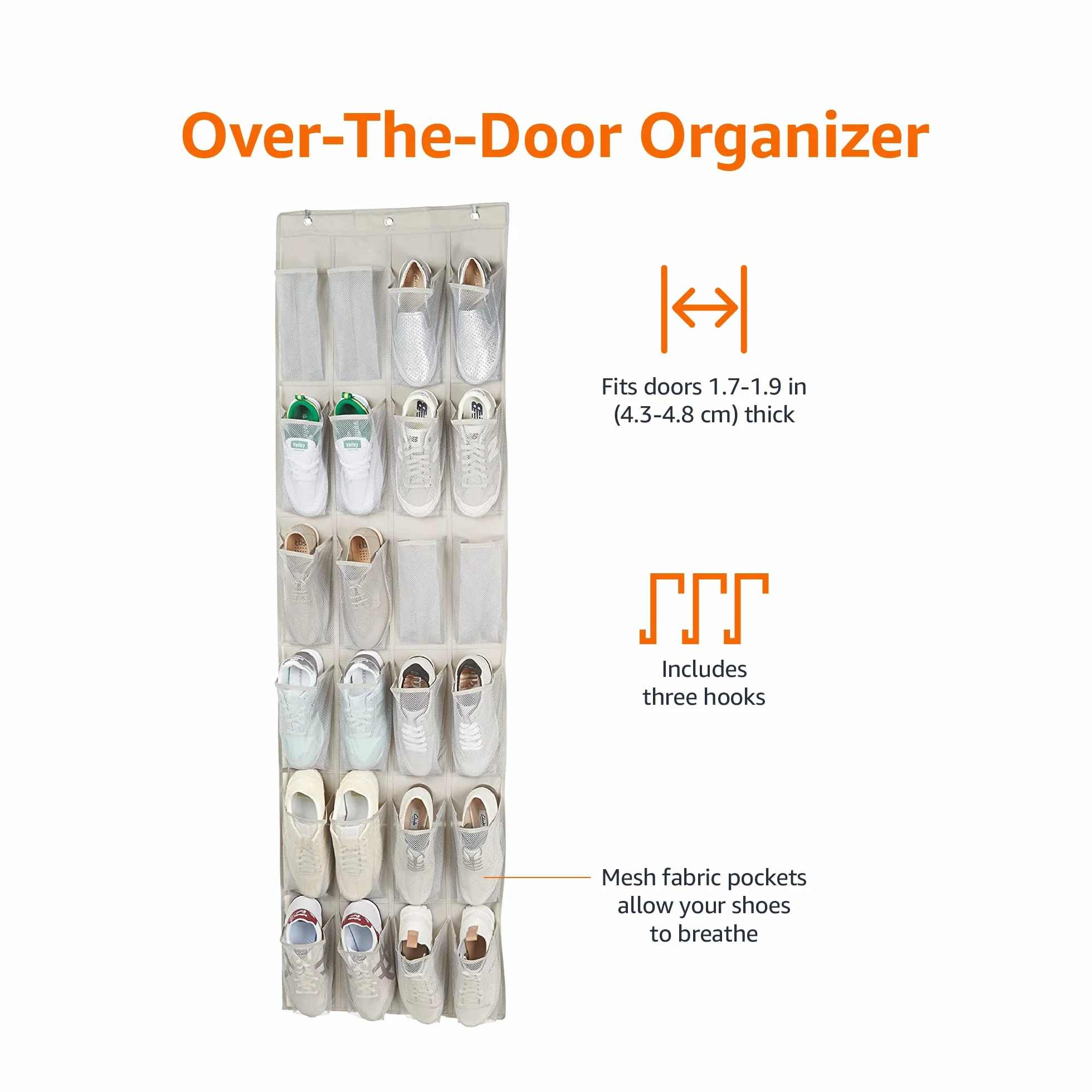 Amazon Basics Organizer na buty do zawieszenia na drzwiach z 24 średnimi kieszeniami, jasnoszary