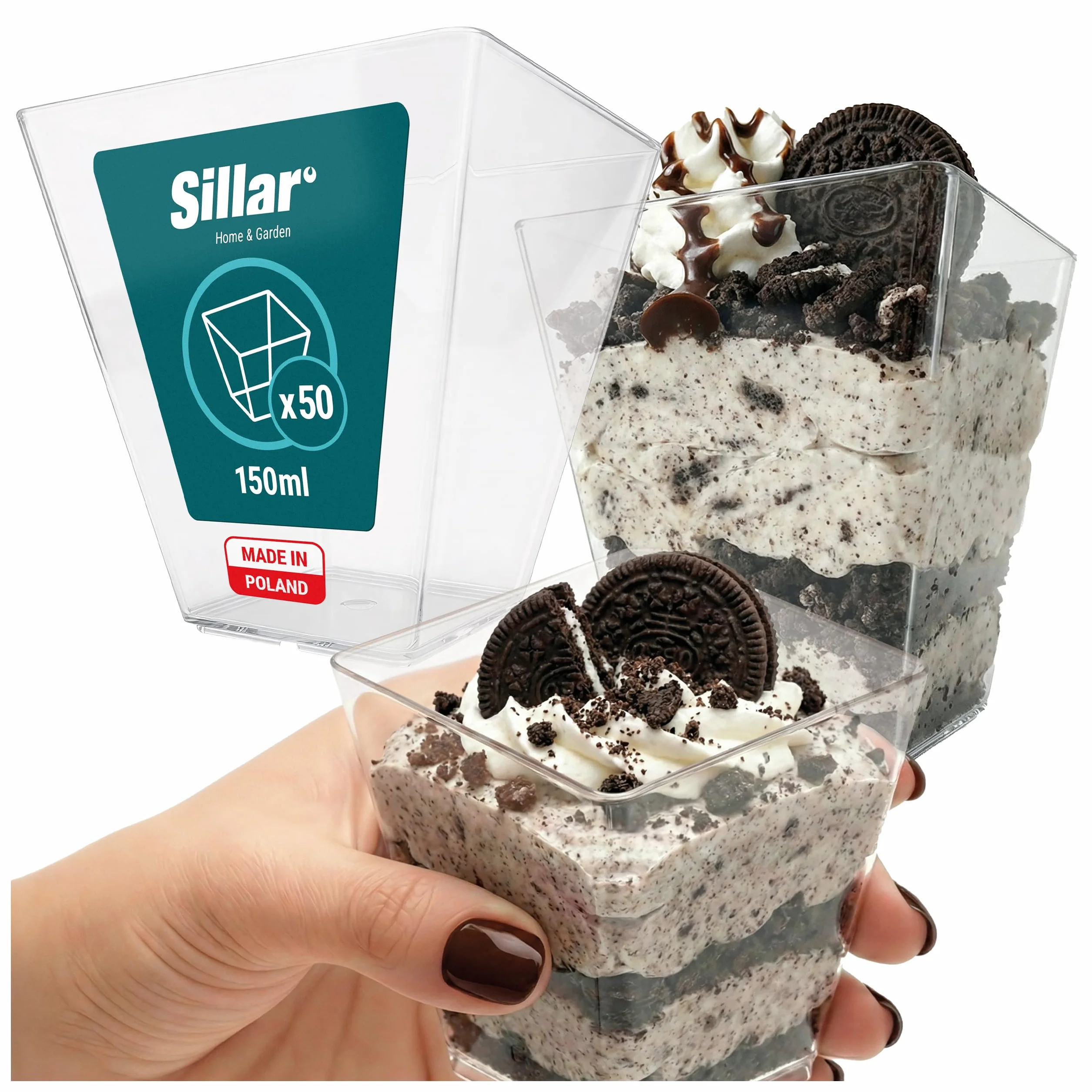 Sillar 50 szt. pucharki deserowe plastikowe 150 ml, przezroczyste kubeczki i miseczki do deserów, wielorazowe, do musu, budyniu, lodów i finger food – idealne na przyjęcia, urodziny i catering