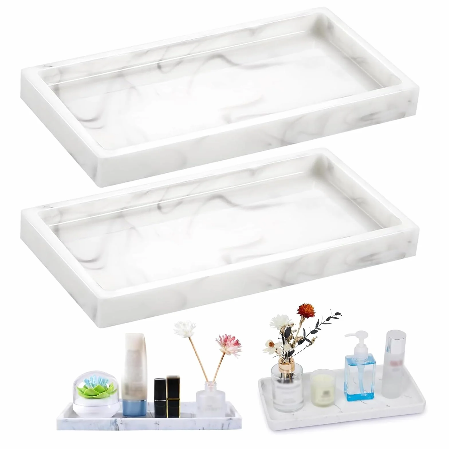 2 sztuki taca łazienkowa, dekoracyjna taca do łazienki, silikonowa taca łazienkowa (biały marmur, 20L*10W*2H cm)