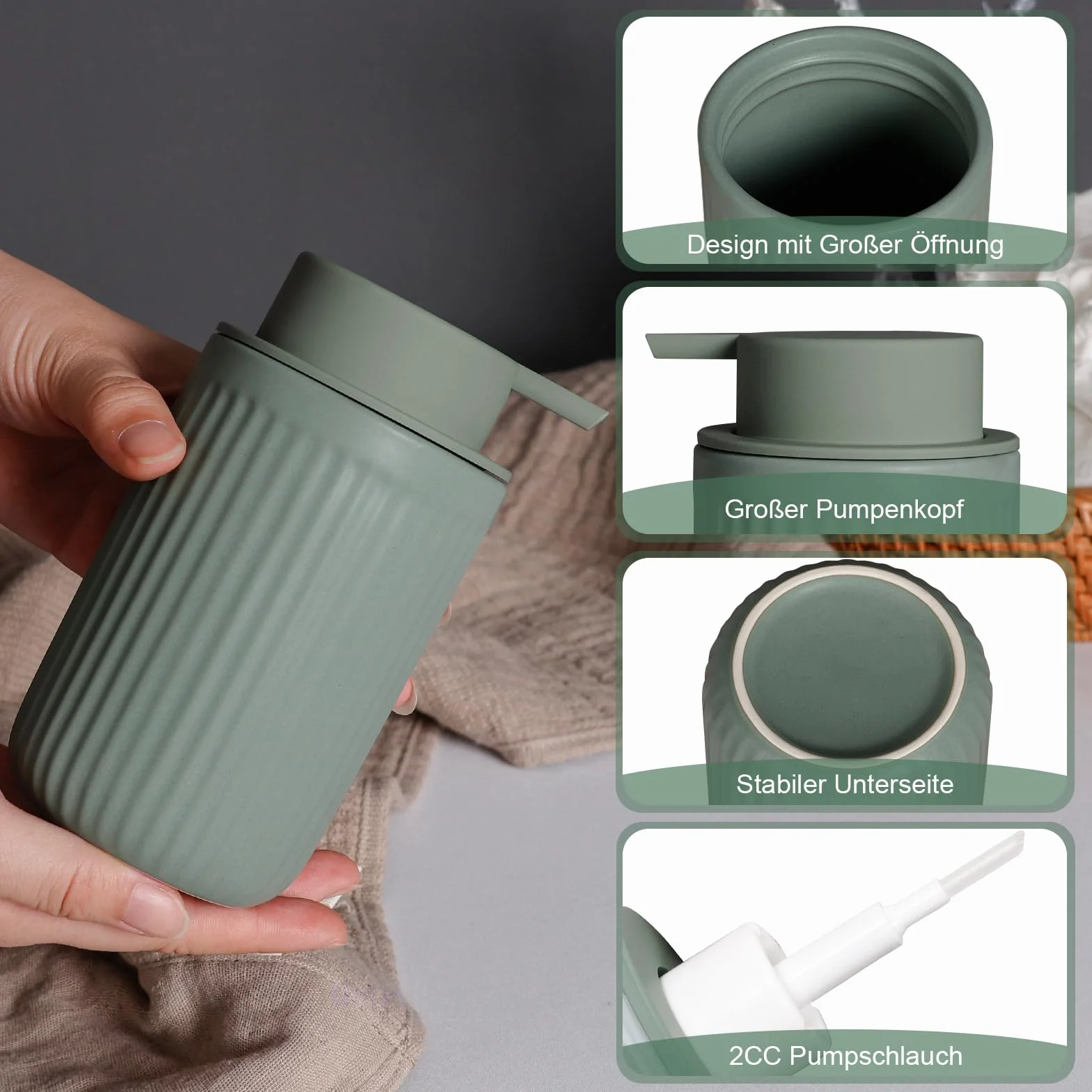 Dozownik mydła w piance, zielony, 350 ml, dozownik płynu do mycia naczyń z głowicą pompki piankowej, do wielokrotnego napełniania, ceramiczny matowy zielony, dozownik mydła do kuchni