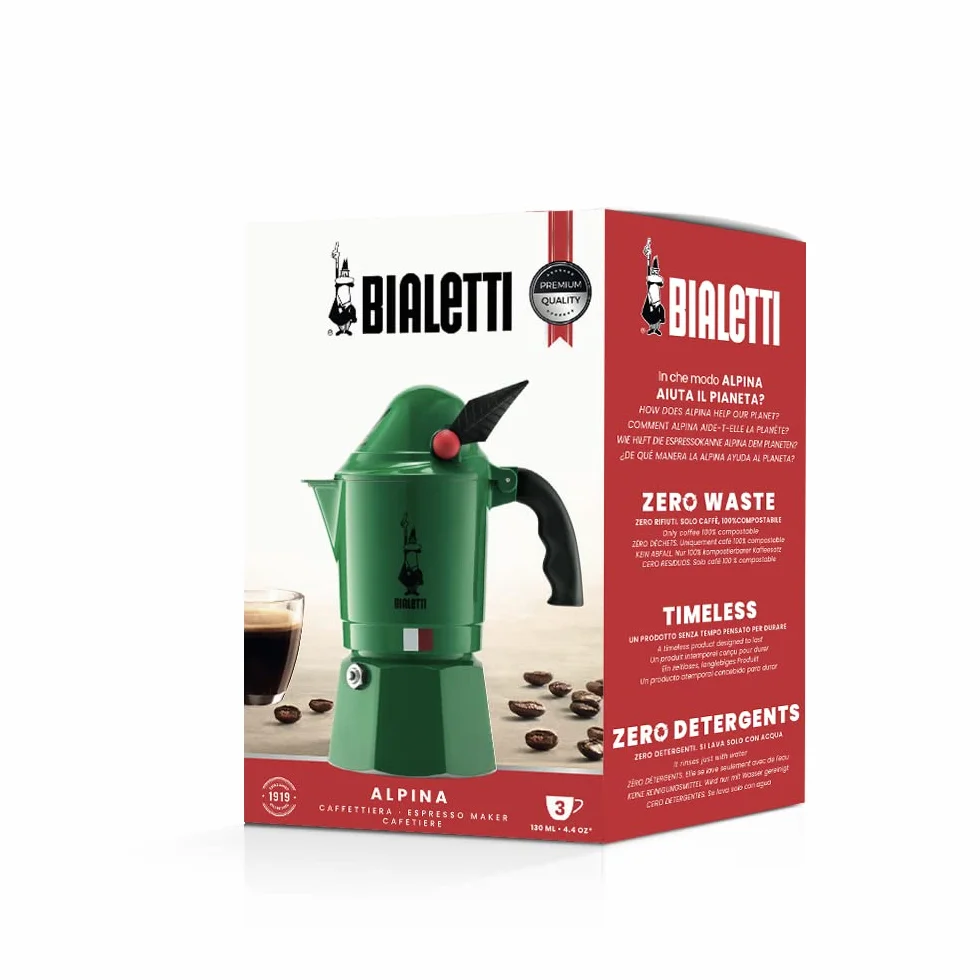 Bialetti – Moka Express Alpina: Klasyczna Kawiarka Na Kuchenkę, 3 Filiżanki (130 Ml), Aluminiowa, Zielona
