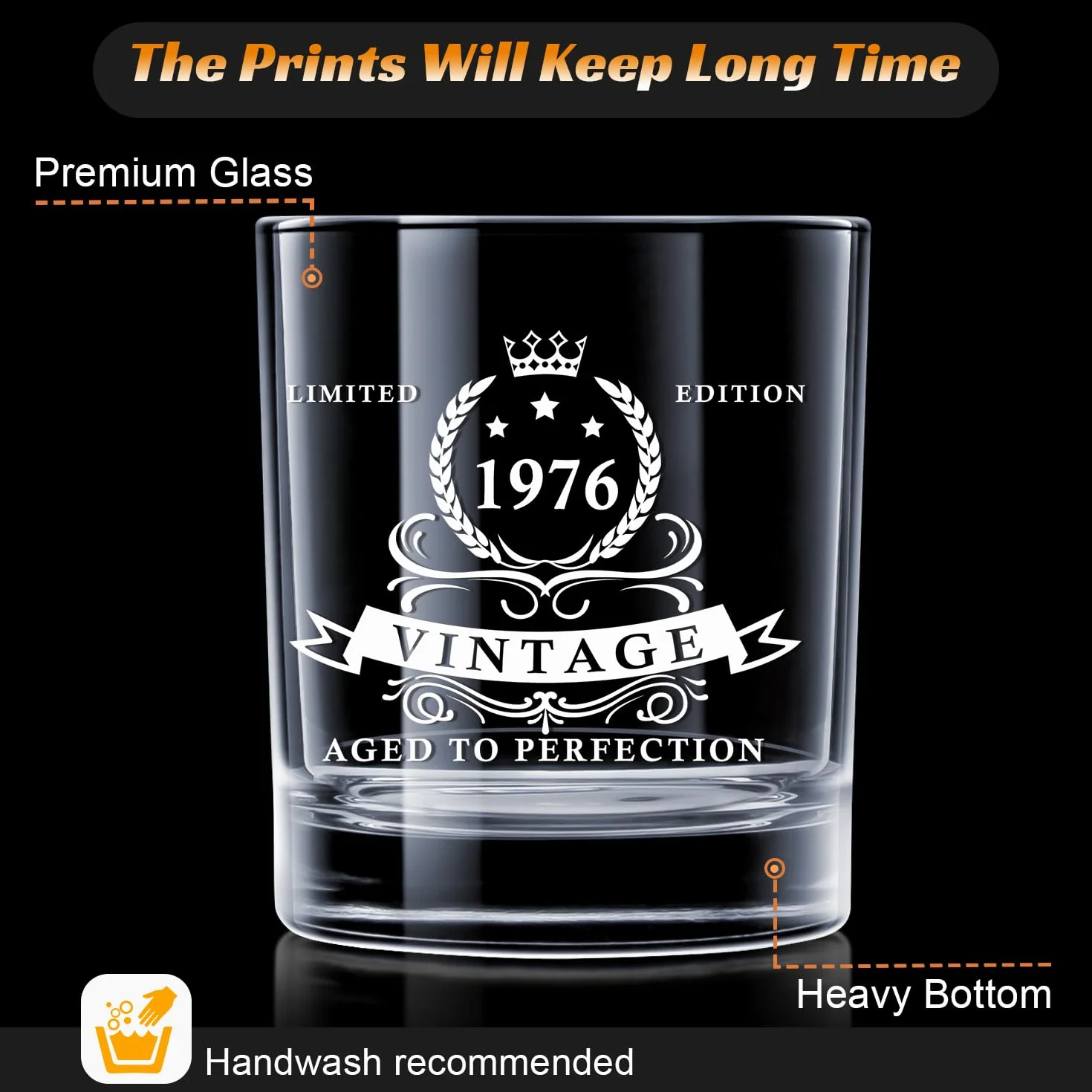 LIGHTEN LIFE Prezenty na 50. urodziny dla mężczyzn 340 ml, szklanka do whisky z 1976 roku w cennym drewnianym pudełku, szklanka burbonowa na 50. urodziny dla taty w wieku 50 lat, męża, przyjaciela