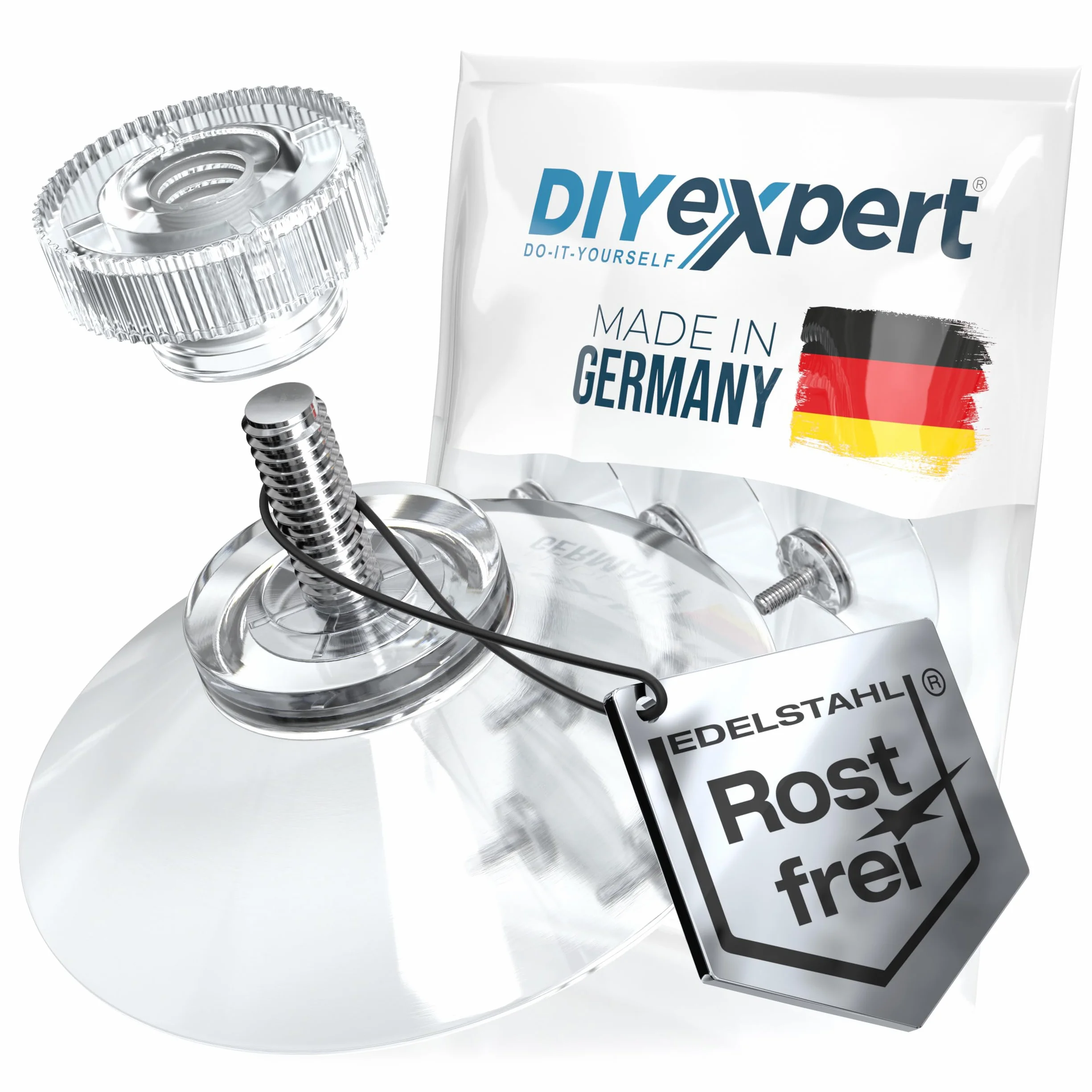 DIYexpert® 20 x przyssawka Ø 40 mm, z gwintem M4 x 10 mm, w zestawie nakrętki radełkowane przezroczyste - wyprodukowano w Niemczech