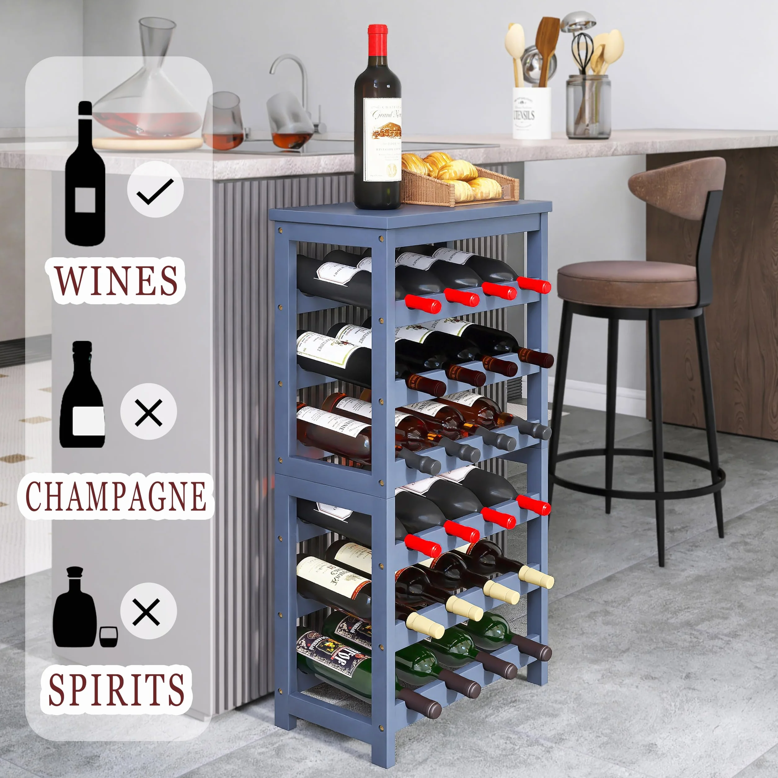 Stojak na wino STELLSTAR, 6-poziomowy bambusowy organizer na 24 butelki, bezuchwytowy stojak do przechowywania wina w kuchni i na stole, szary
