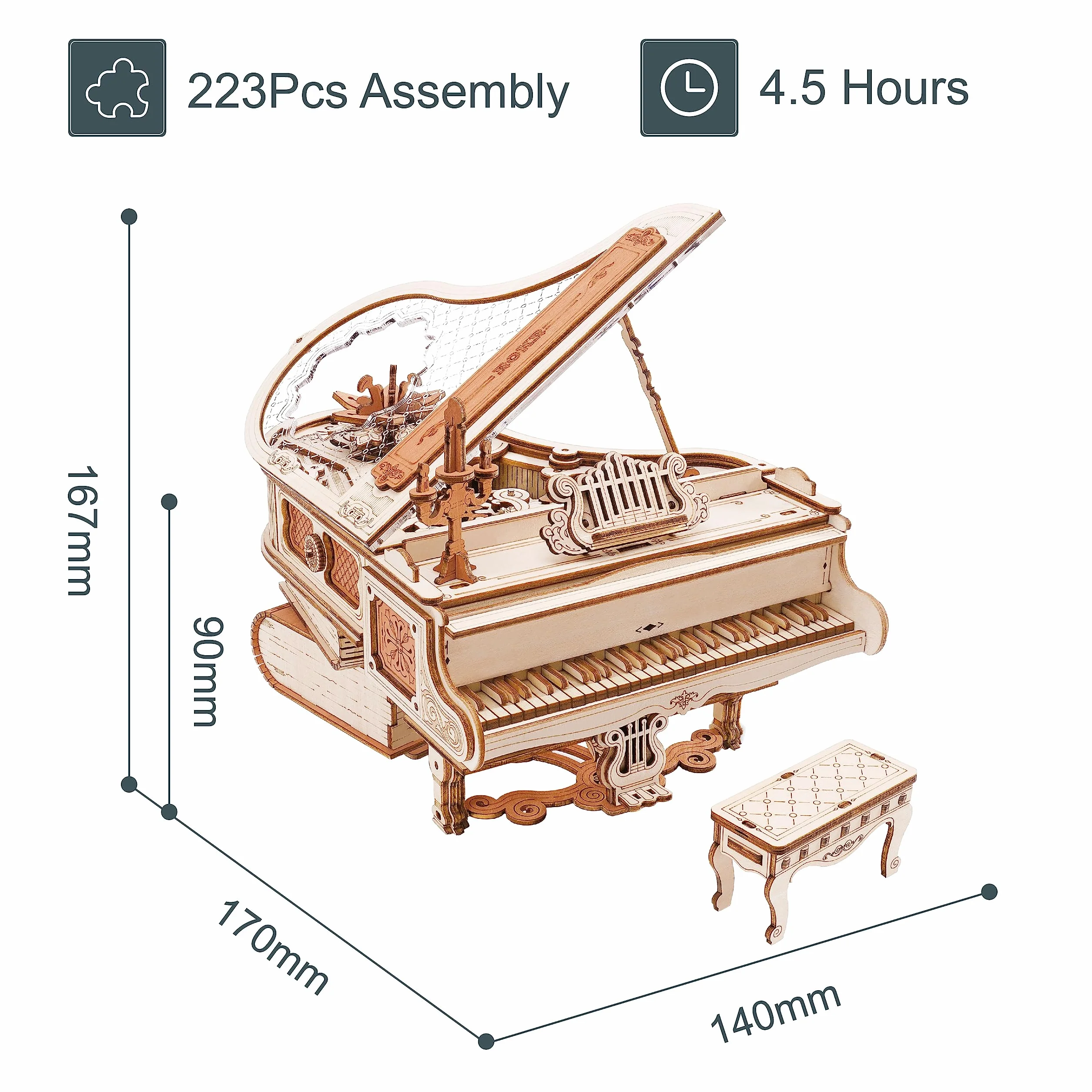 ROKR Drewniane zestawy modeli 3D dla dorosłych, fortepian, puzzle, pozytywka, 223 sztuki, 14x17 cm, klasyczny lub musical, unisex, średnio zaawansowany, 18+