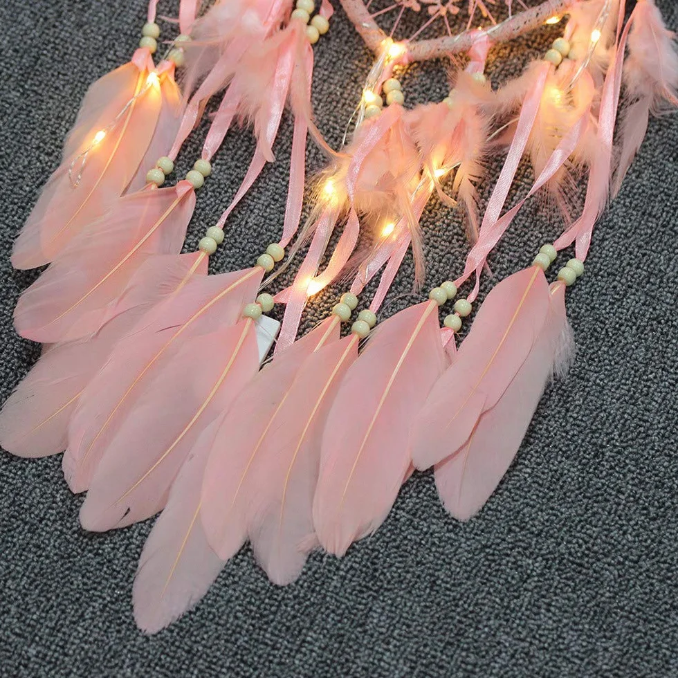 łapacz snów w stylu boho, w kształcie serca, ręcznie wykonany, lampa LED, ozdoba na ścianę, romantyczna dekoracja (kolor różowy, ze światłami)