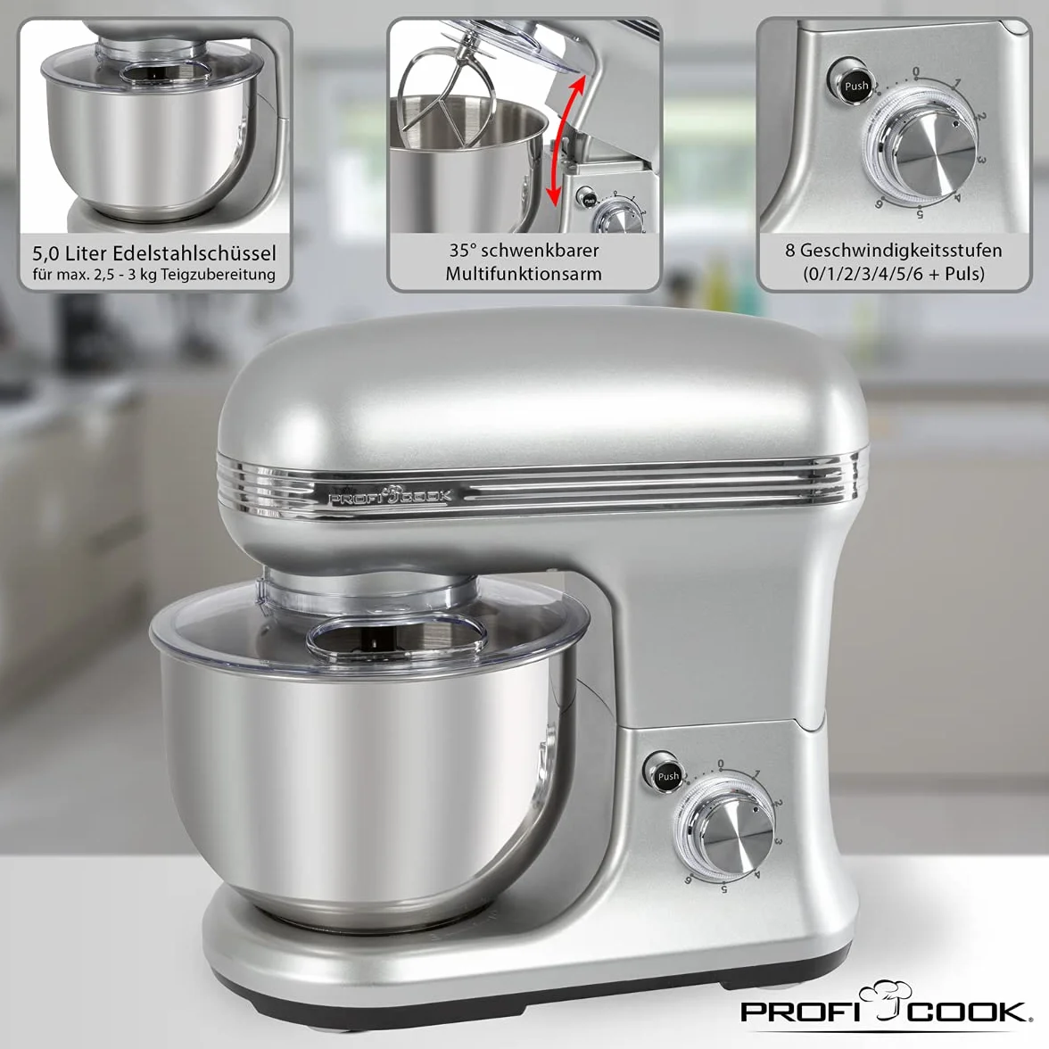 ProfiCook PC-KM 1222W Kneading Machine Set, Powerful 1200 Watt + Digital Kitchen Scale, 5.0 Litre Stainless Steel Bowl for Max 2.5-3 kg Dough Preparation, Kitchen Scales Measuring Range up to 5000 g