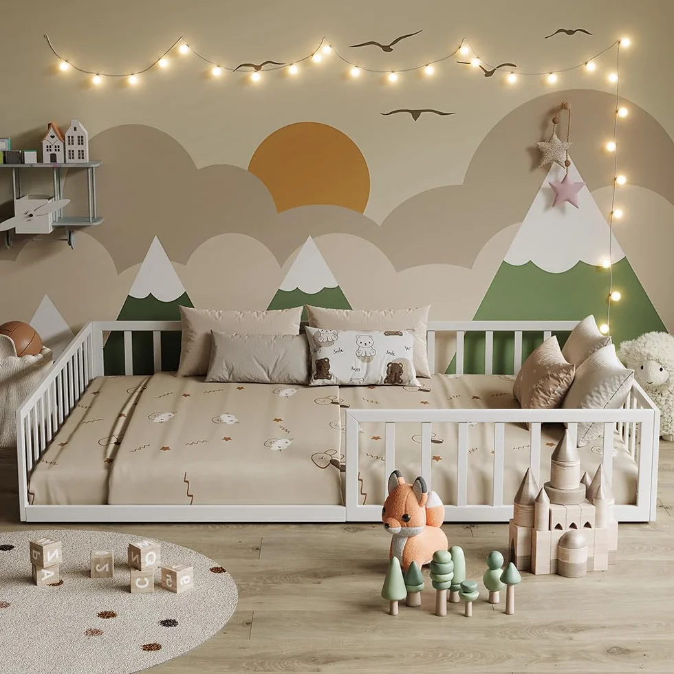 VitaliSpa Łóżko podłogowe Minno 140x200, łóżko dziecięce z metalu, łóżko Montessori z barierką zabezpieczającą, niska wysokość wejścia, biały