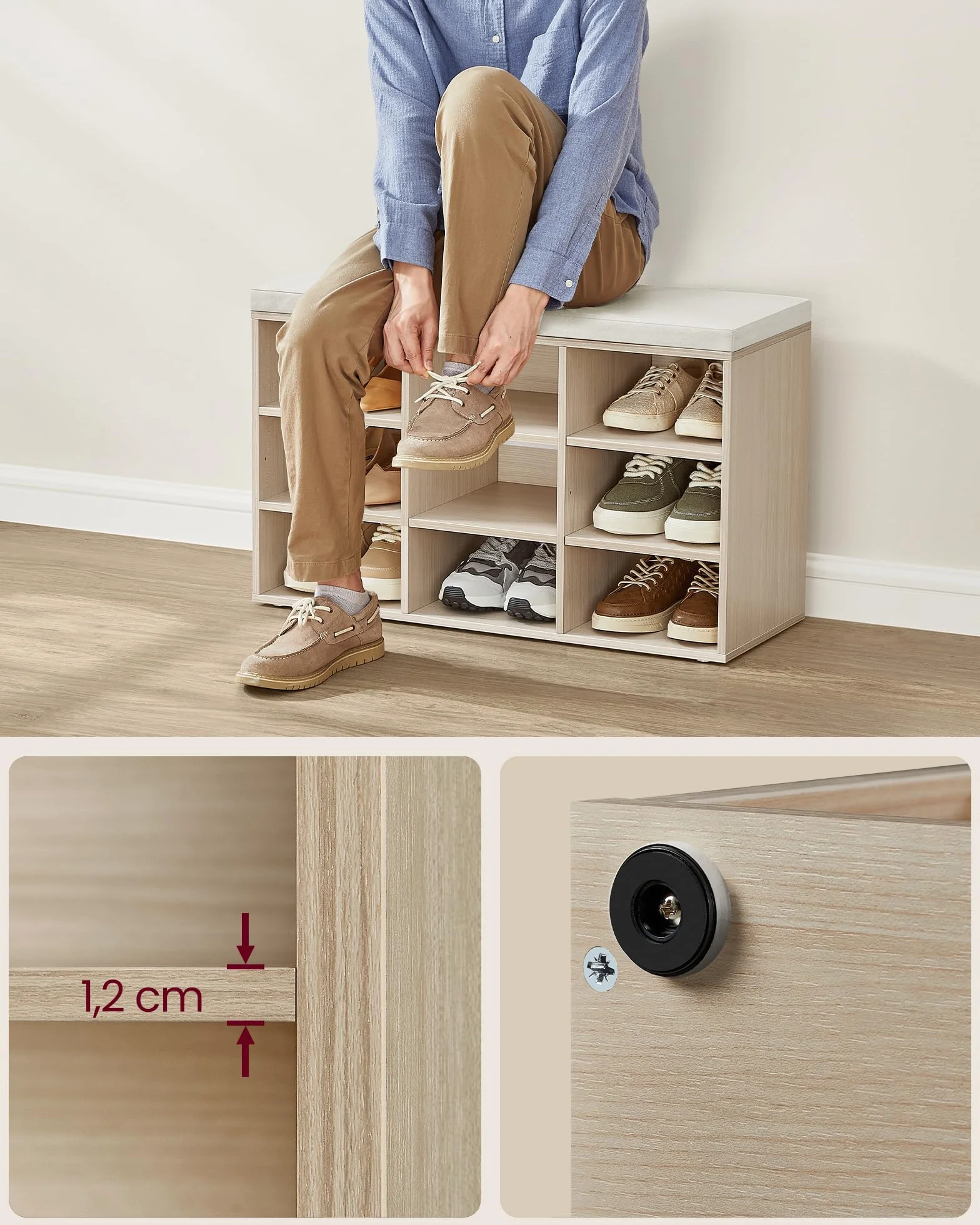 VASAGLE LHS009K01 szafka na buty, organizer na buty z 9 przegródkami, wyściełane siedzisko, do wejścia, korytarza, szafy, naturalny beż i cappuccino