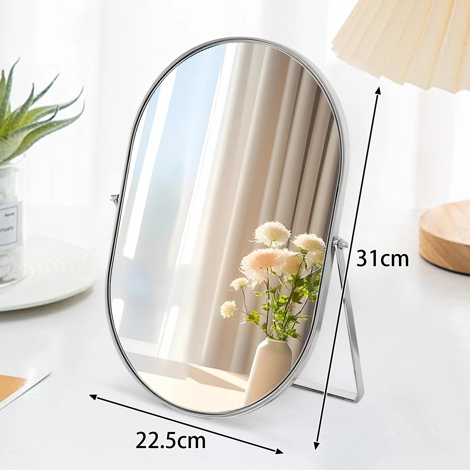Owalne lustro stołowe do makijażu 90° obracane, metalowa ramka srebrne przenośne lusterko
