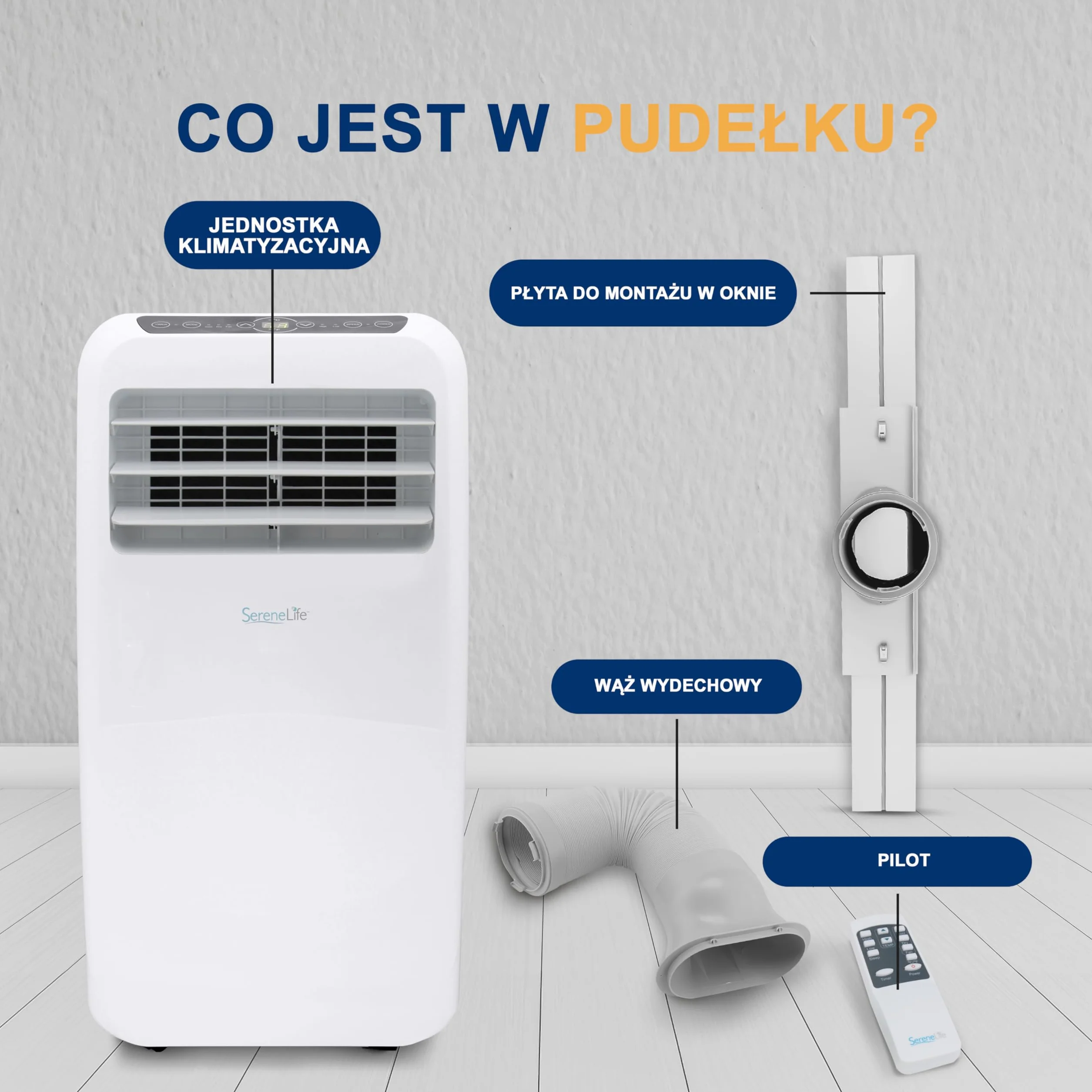 SereneLife Mobilny klimatyzator 3 w 1 z wężem wylotowym – chłodnica powietrza, osuszacz powietrza i wentylator, 9000 BTU, wilgotność 1,5 l na godzinę, chłodzi pomieszczenia do 42 m²
