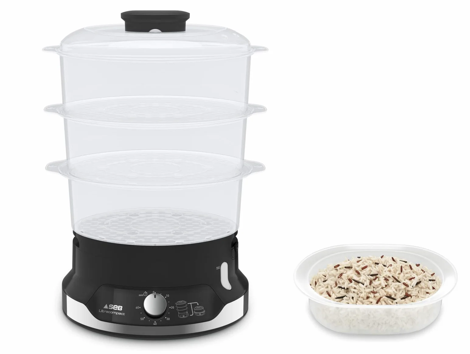 Tefal VC2048 Ultracompact parowar | system przechowywania w stos | zdrowe gotowanie | 3 nasadki bez BPA | timer 60-minutowy | napełnianie podczas gotowania | pojemność 9 l | w zestawie wkład do ryżu |