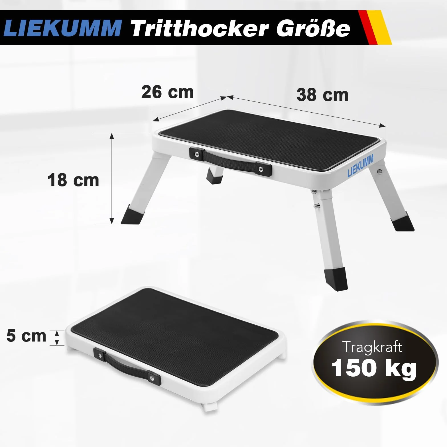 LIEKUMM Składany taboret do schodków o wysokości 18 cm, udźwig 150 kg, składany taboret z uchwytem, antypoślizgowy stopień do domu, kuchni, łazienki i kampera, biały