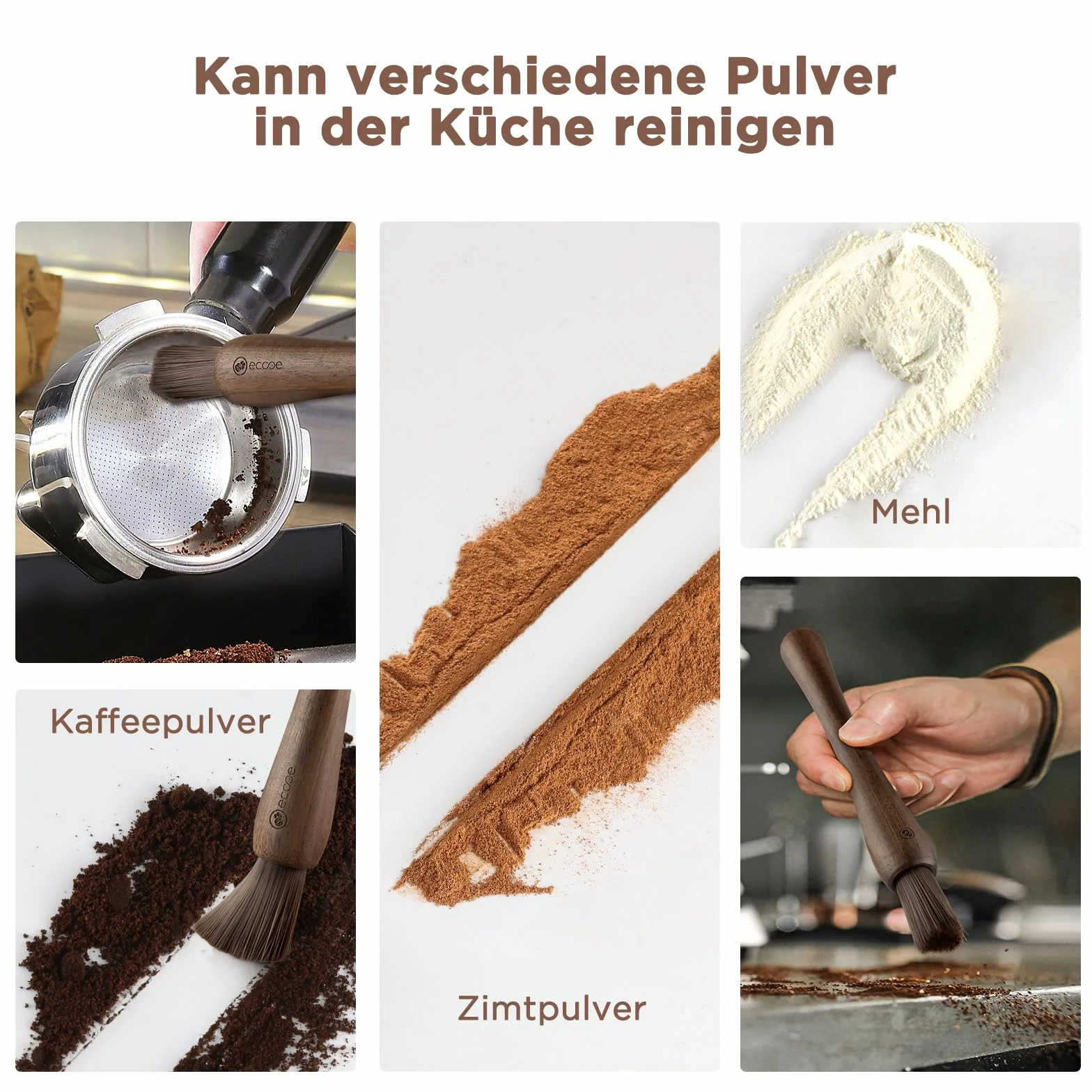 ecooe Pędzel Barista – wegański pędzel do kawy, szczotka do czyszczenia młynka do kawy lub sitka, akcesoria do ekspresu do kawy, pędzel do czyszczenia z drewnianym uchwytem, narzędzie do kawy dla