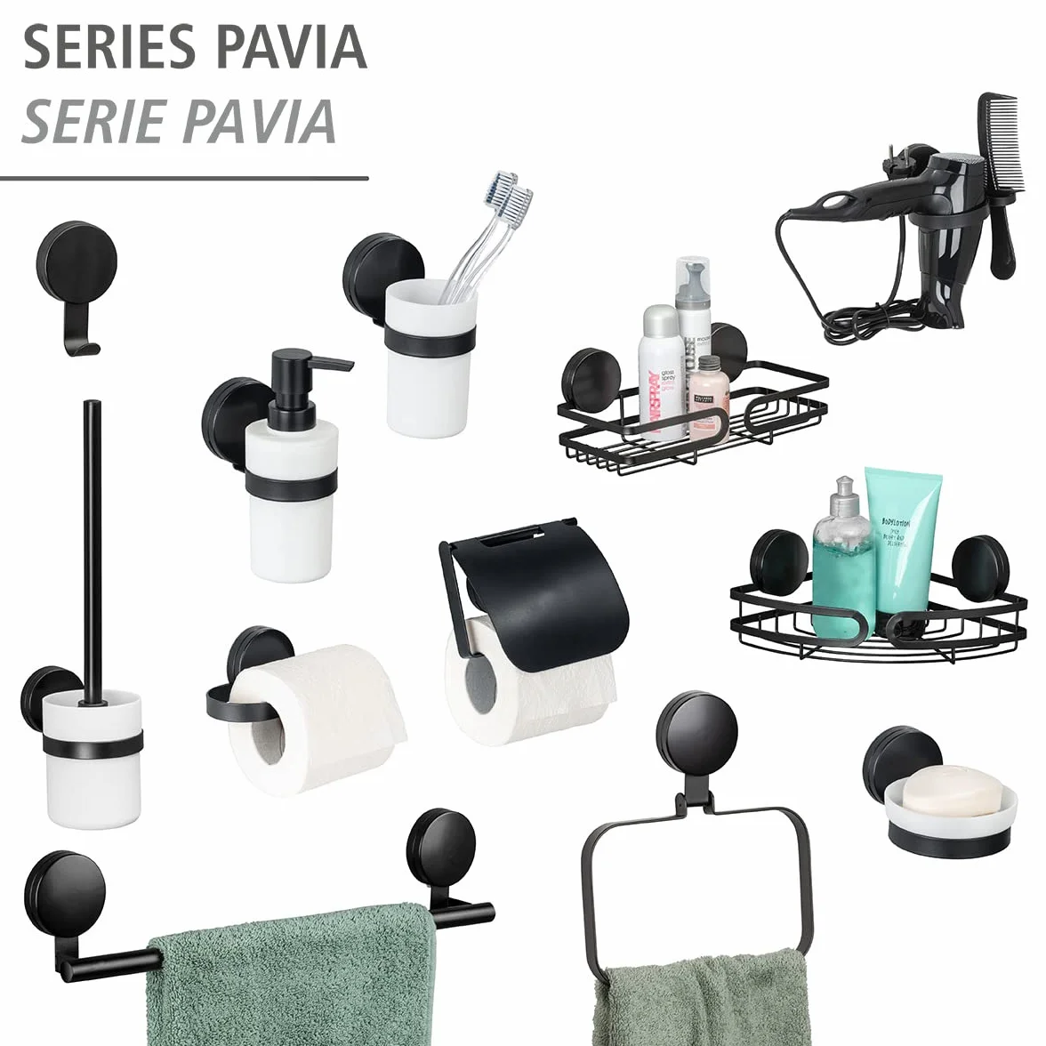 WENKO Static-Loc® Plus uchwyt na suszarkę do włosów model Pavia czarny, uchwyt na suszarkę do włosów z uchwytem grzebieniowym i na kabel, mocowanie bez wiercenia