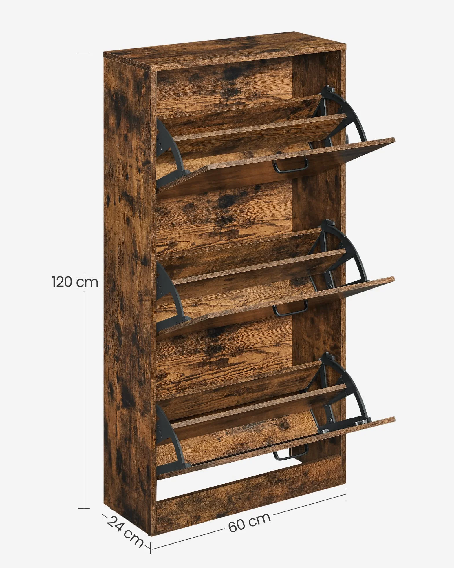 VASAGLE Szafka na buty z 3 drzwiami z klapką, 3-poziomowa drewniana szafka do przechowywania, idealna do wąskiego wejścia, przedpokoju, salonu, sypialni, 60 x 24 x 120 cm (dł. x szer. x wys.),