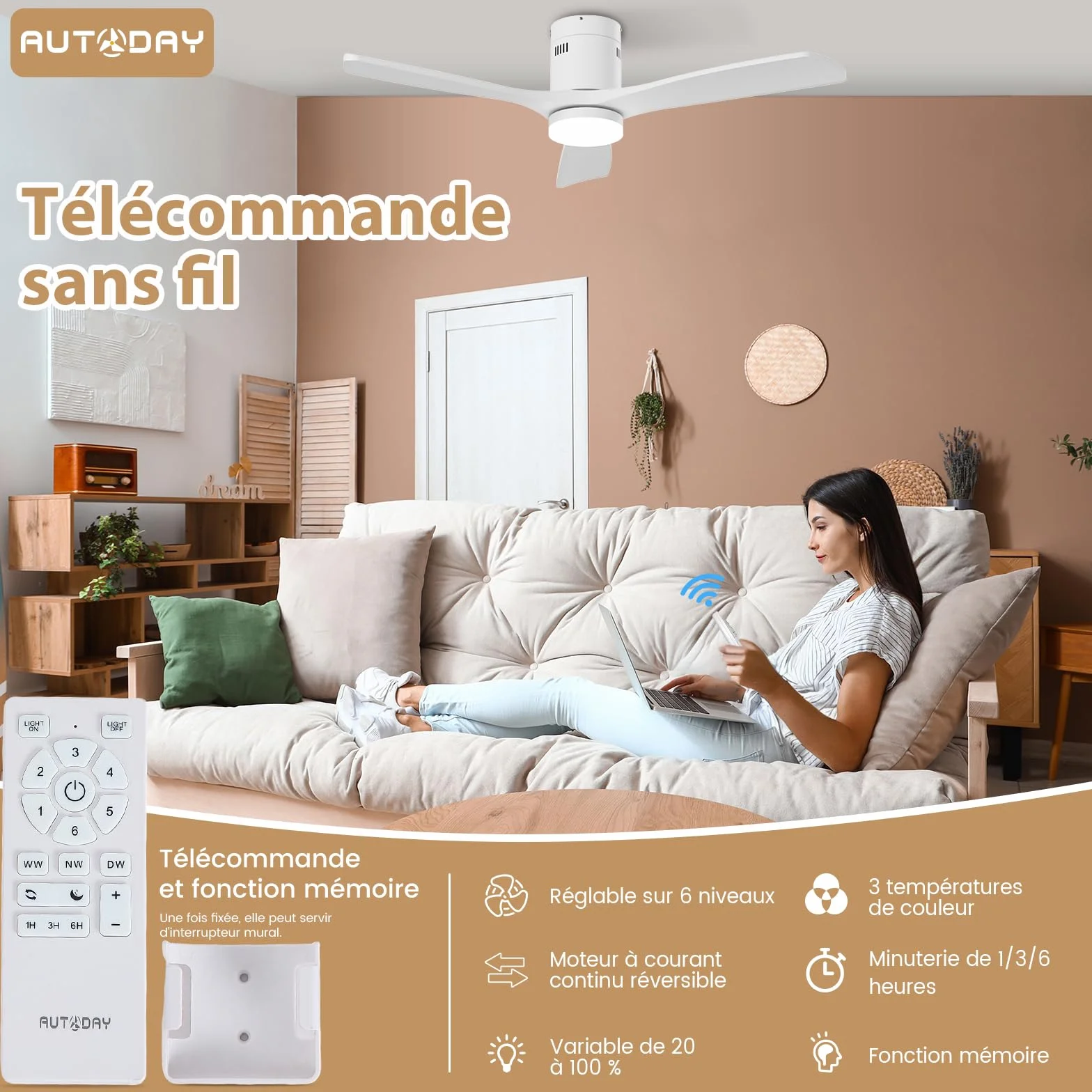 Drewniany wentylator sufitowy z oświetleniem, ściemnialne LED 24 W, cichy silnik DC 38 W, 132 cm, drewniany wentylator sufitowy z pilotem zdalnego sterowania z funkcją pamięci, 6 prędkości