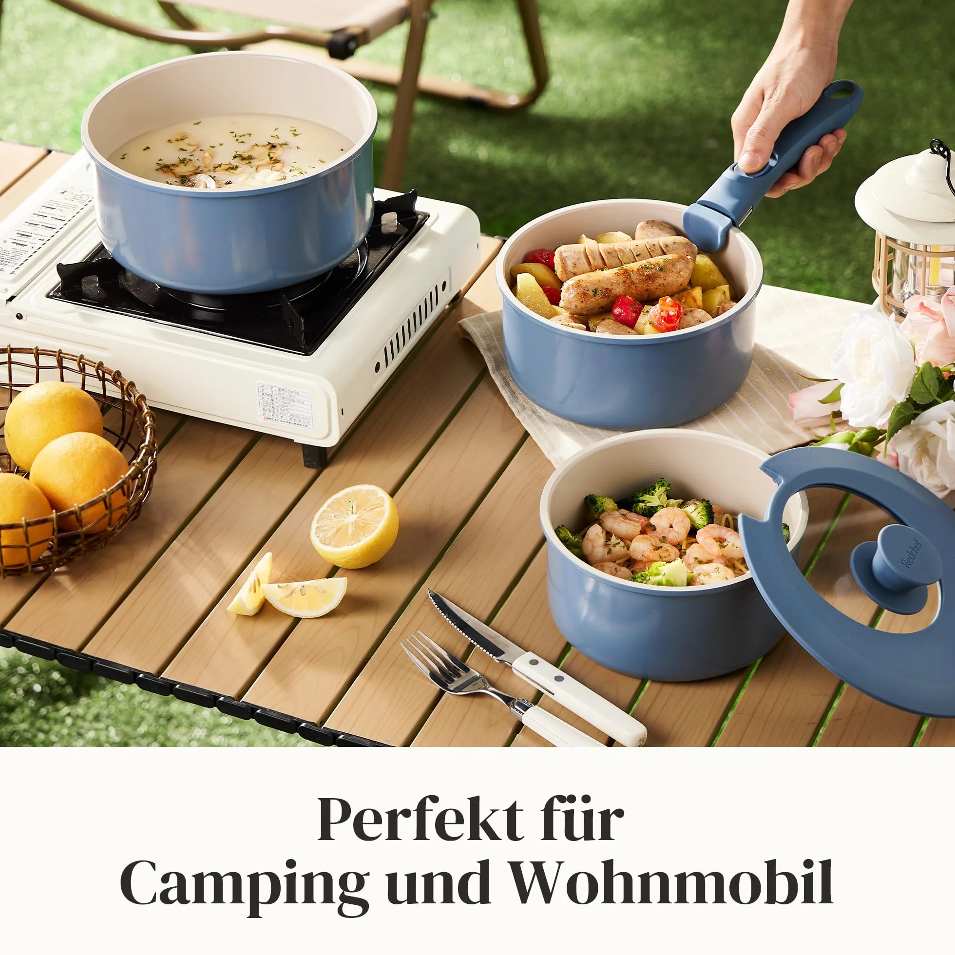 Redchef Zestaw garnków z odpinanym uchwytem, zestaw garnków z antyhaftową powłoką ceramiczną 16/18/20 cm i 3-w-1 zamknięciem, garnki indukcyjne do wszystkich rodzajów kuchenek, odporne na piekarnik