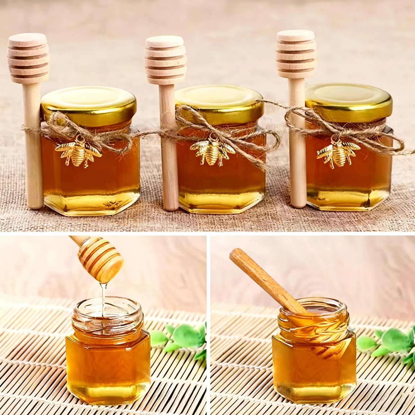 Zestaw 30 mini słoików do miodu 45 ml, mini słoiki na miód z drewnianą łyżeczką do miodu + etykietami pszczół + lina konopna słoiki na dżem + kartki z podziękowaniami na baby shower, wesela
