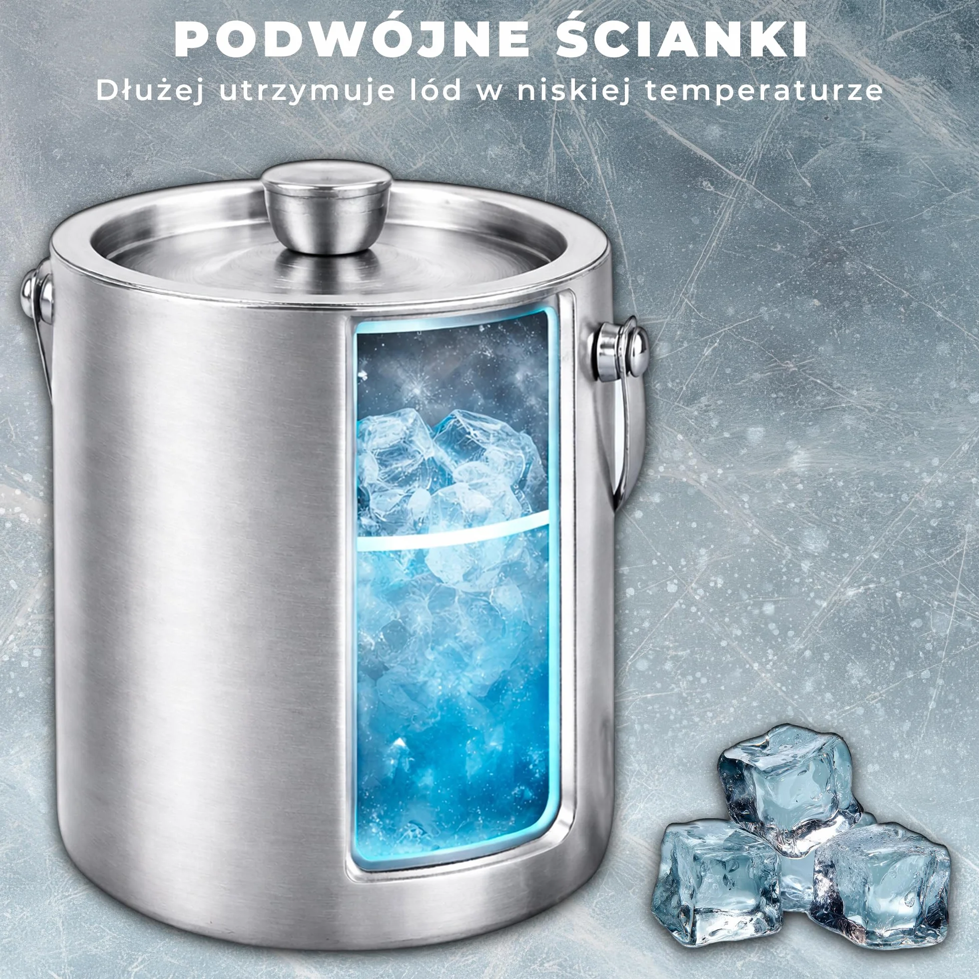 KARL HAUSMANN Wiaderko do Lodu 1,3L z Pokrywką, Szczypcami i Sitkiem - Srebrny Pojemnik na Lód Stal Nierdzewna, Podwójne Ścianki, Lód Suchy Dłużej, Do Drinków, Barku i Domu