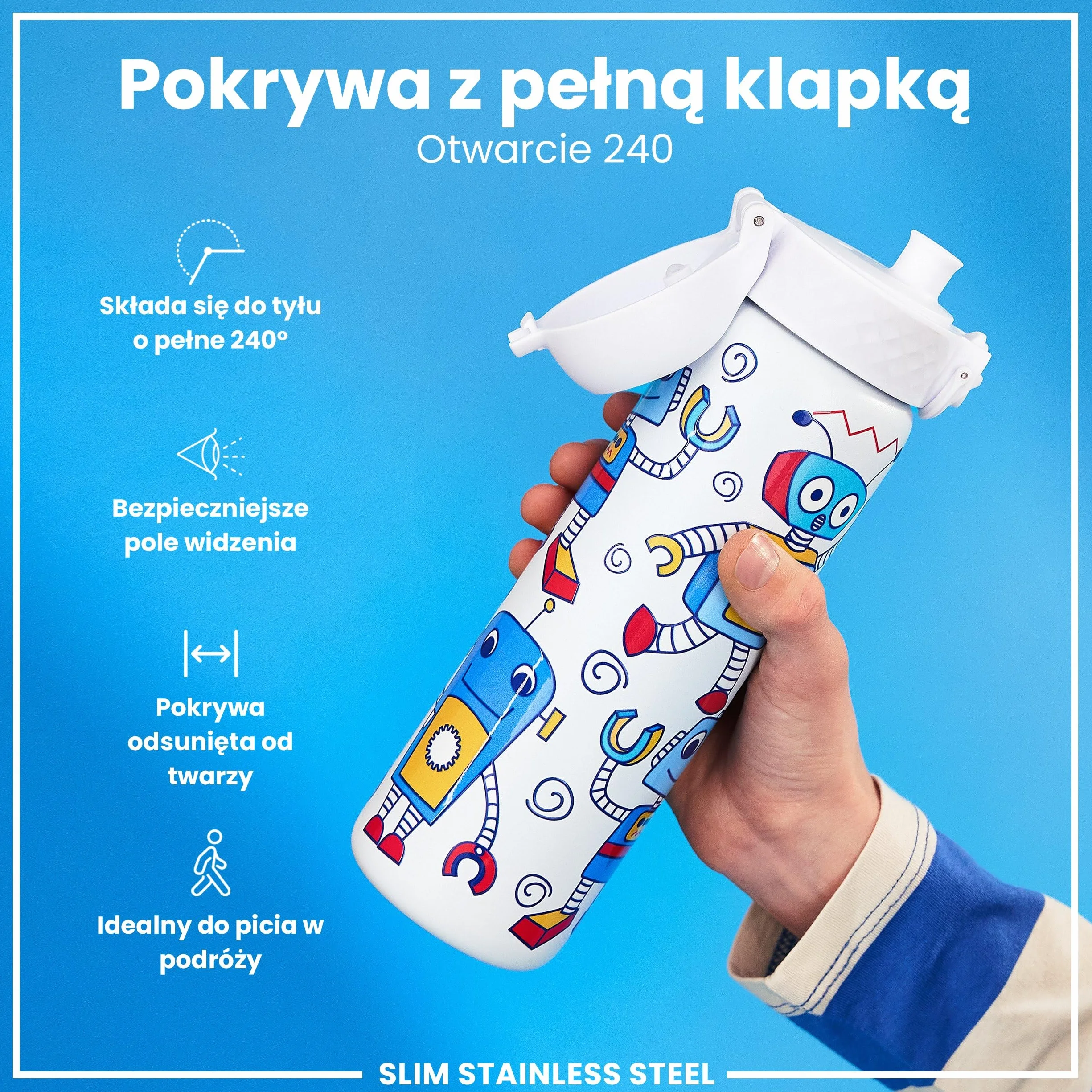ION8 Butelka na Wodę ze Lekki Stali, 600 ml/20 oz, Nieocieplany, Szczelna, Łatwe Otwieranie, Bezpieczny Zamek, Można Myć w Zmywarce, Higieniczne Pokrycie, Składany Uchwyt, Roboty