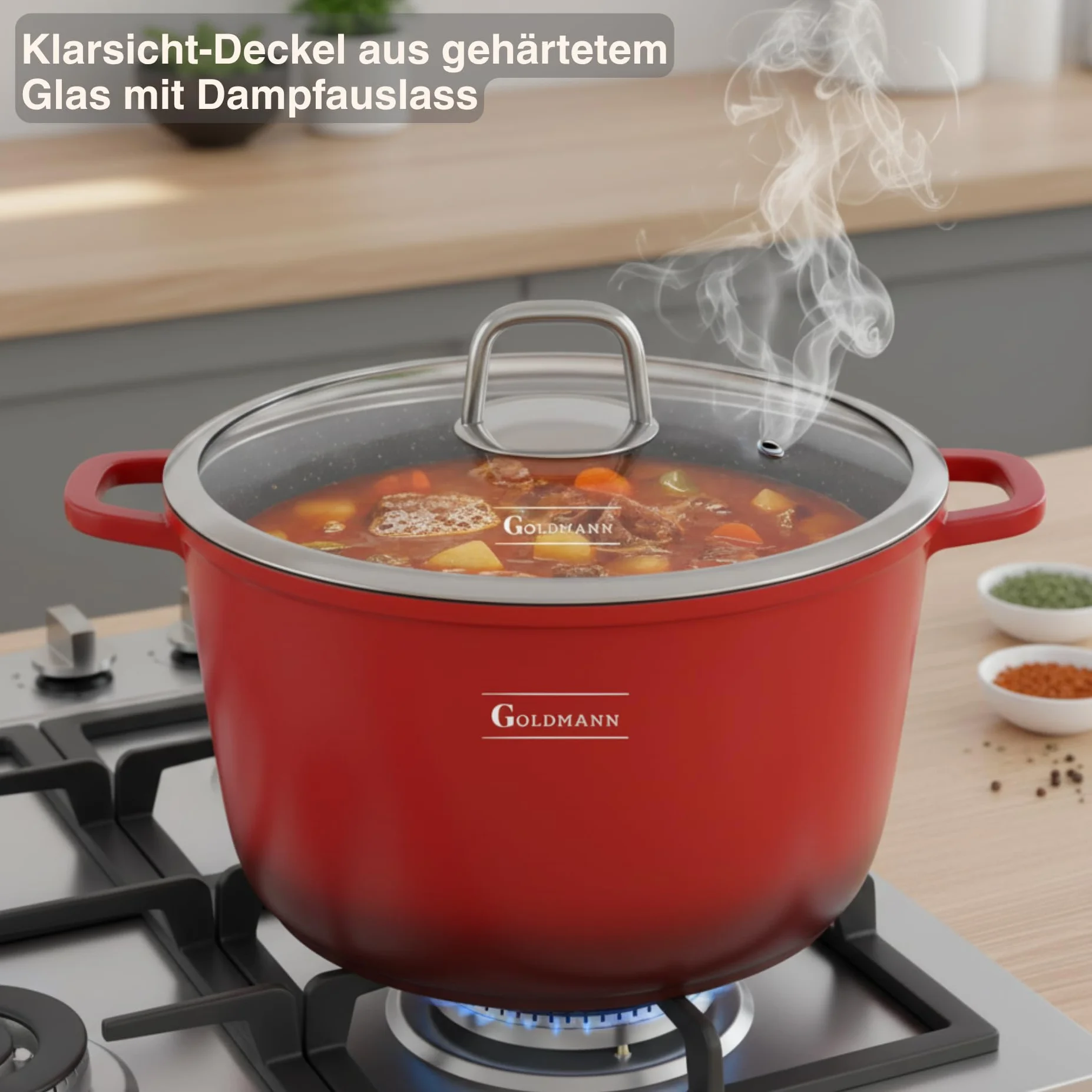 GOLDMANN garnek z odlewanego aluminium 28 cm 10 L, powłoka ceramiczna nieprzywierająca, szklana pokrywka, nadaje się do kuchenek indukcyjnych, można używać w piekarniku, bez PFOA