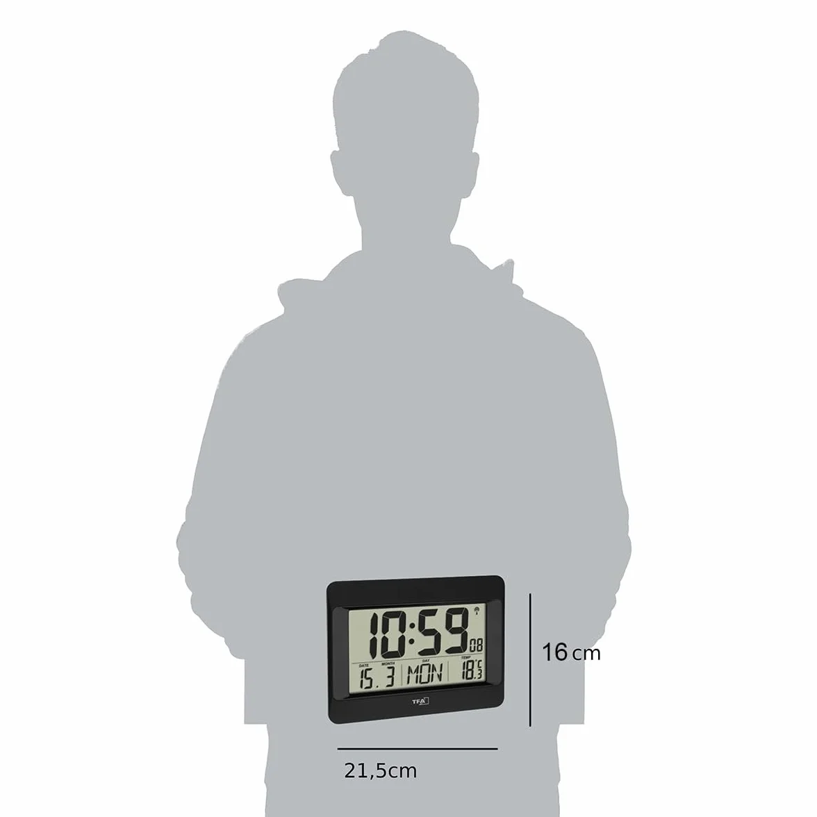 TFA Dostmann Zegar ścienny cyfrowy, 60.4519.01, zegar radiowy z temperaturą wewnętrzną, dzień tygodnia (8 języków), data, ustawienie stref czasowych, czarny, tworzywo sztuczne, (dł.) 215 x (szer.) 160