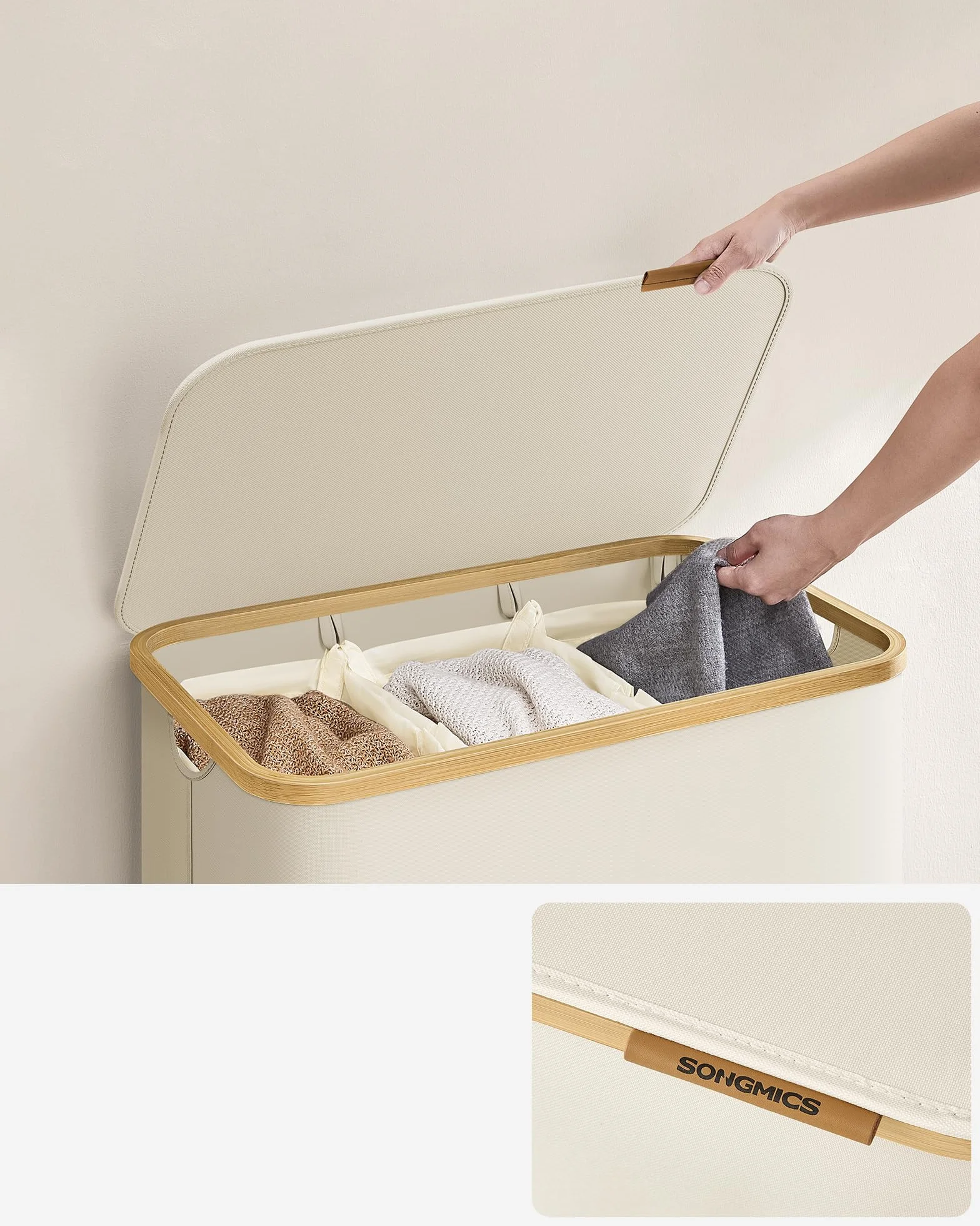 SONGMICS Kosz na pranie z pokrywką z 3 przegródkami, 150 l, zdejmowana torba, tkanina Oxford, bambusowe uchwyty, składany, 60 x 38,5 x 70,5 cm, kremowo-biały LCB515W01