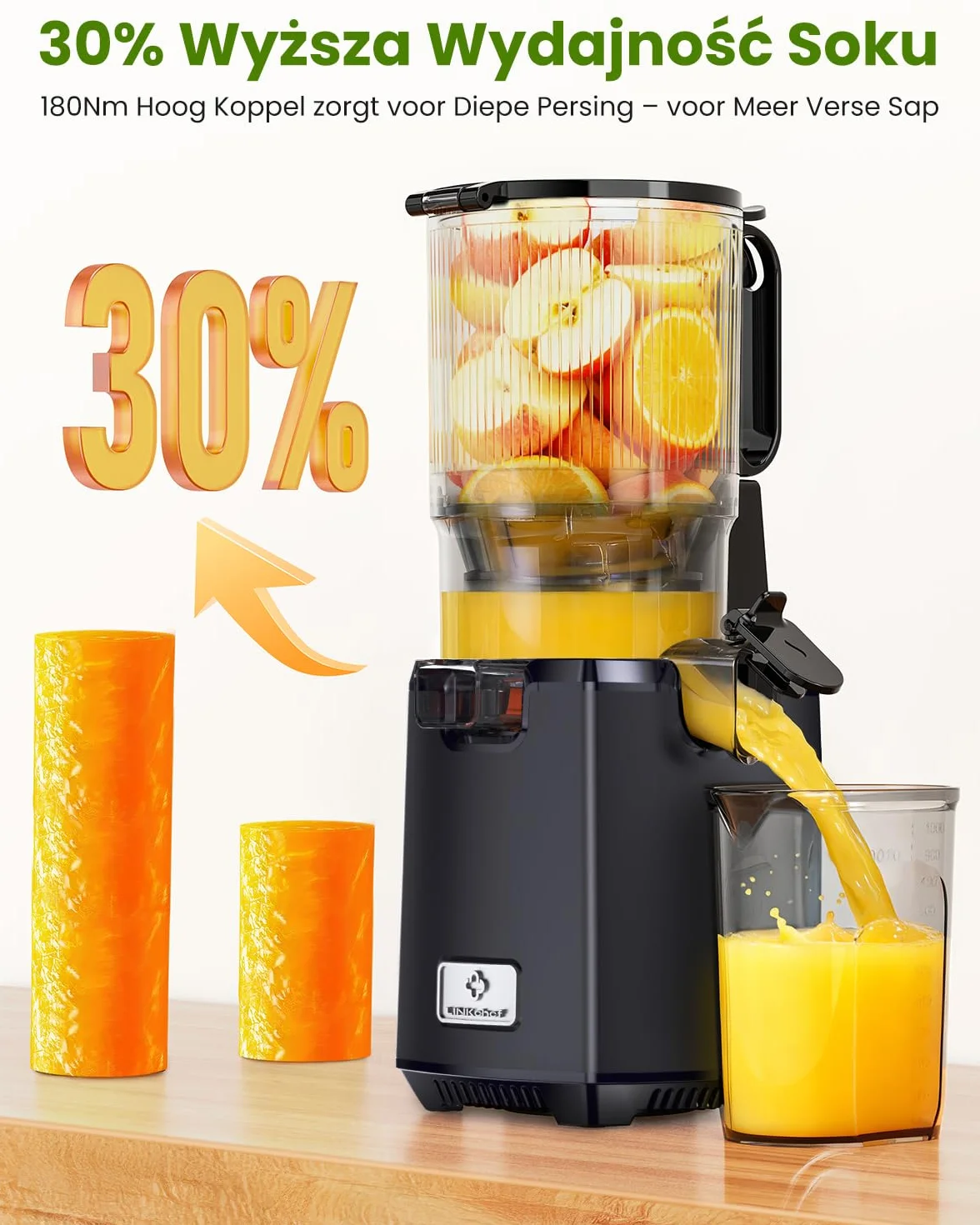 LINKChef Sokowirówka Wolnoobrotowa – Wyciskarka Zimnego Prasowania, 130mm Szeroka Gniazdo Żywnościowe na Całe Owoce, 1.8L Duża Pojemność na Użycie Rodzinne, 250W, Łatwa do Czyszczenia, Bez BPA