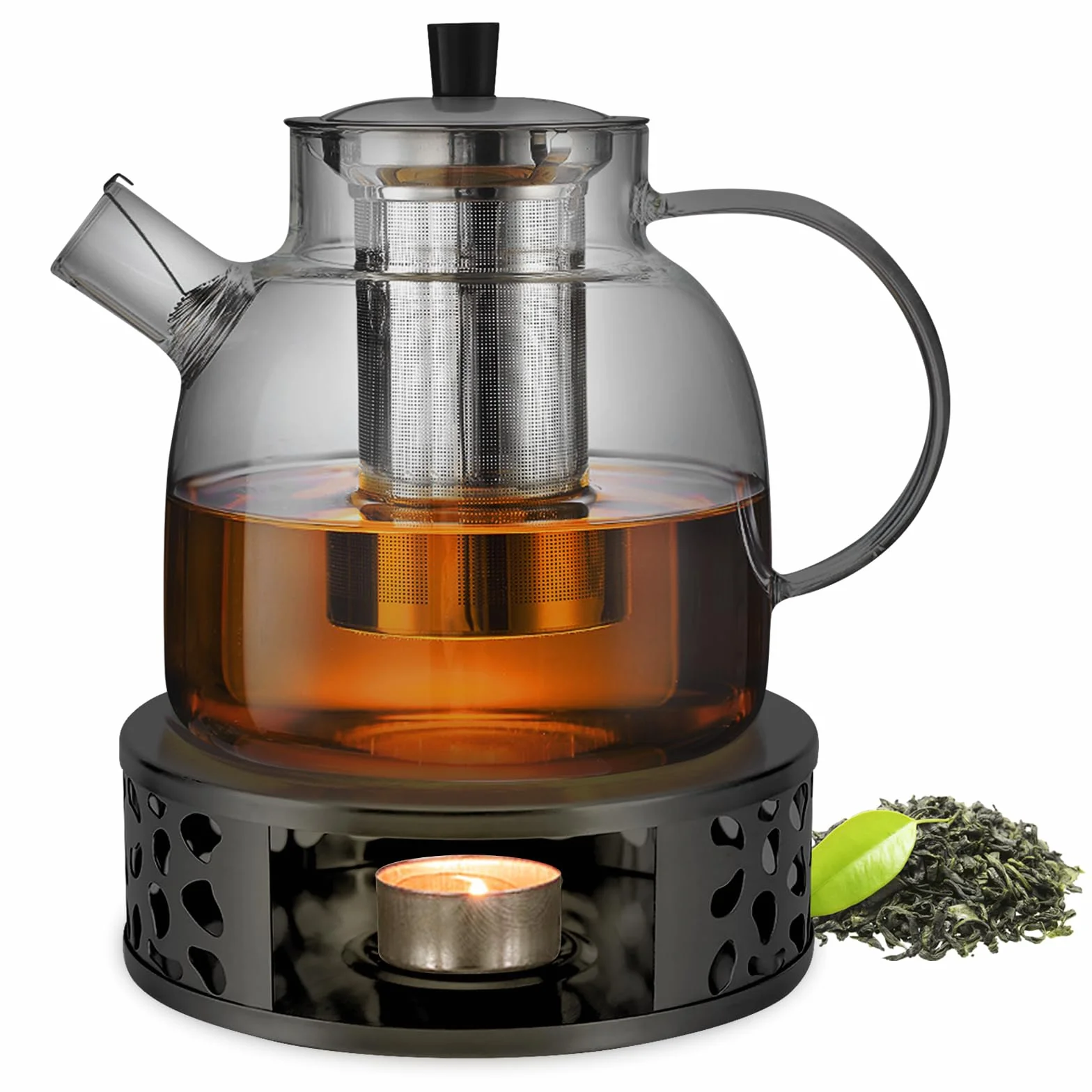 Dzbanek do herbaty 1500ml z sitkiem, dzbanek do herbaty z podgrzewaczem, szklany dzbanek do herbaty z podgrzewaczem ze stali nierdzewnej, szklany zaparzacz do herbaty, serwis do herbaty do herbaty